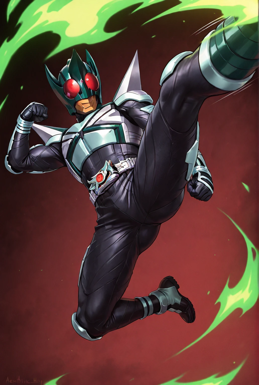 very awe,aesthetically pleasing,masterpiece,best quality,amazing quality,very aesthetic,ultra-detailed,high resolution,8k,1boy,solo,male focus,detailed face,armor,belt,bodysuit,helmet,red eyes,tokusatsu,spikes,boots,dynamic pose,perspective,depth of field,high kick,green fire background,<lora:add-detail-xl:1>,<lora:kamen rider kick hopper:0.7>,kick h0pper,