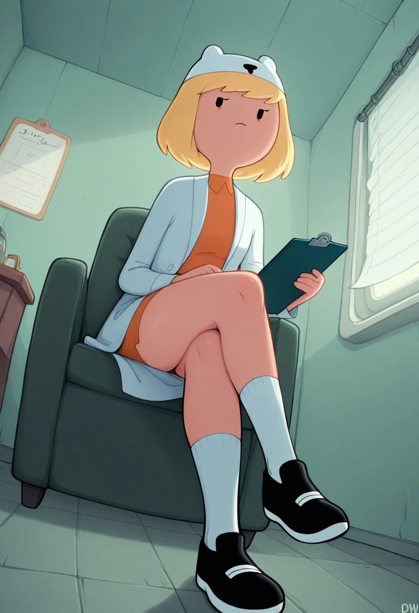 masterpiece, best quality, newest, absurdres, highres, 1girl, solo, minervaILL, blonde hair, short hair, labcoat, orange shirt, hat, white socks, black footwear, clipboard, sitting, legs crossed, doctors office,foreshortening, dynamic angle, adventure time, cartoon,
