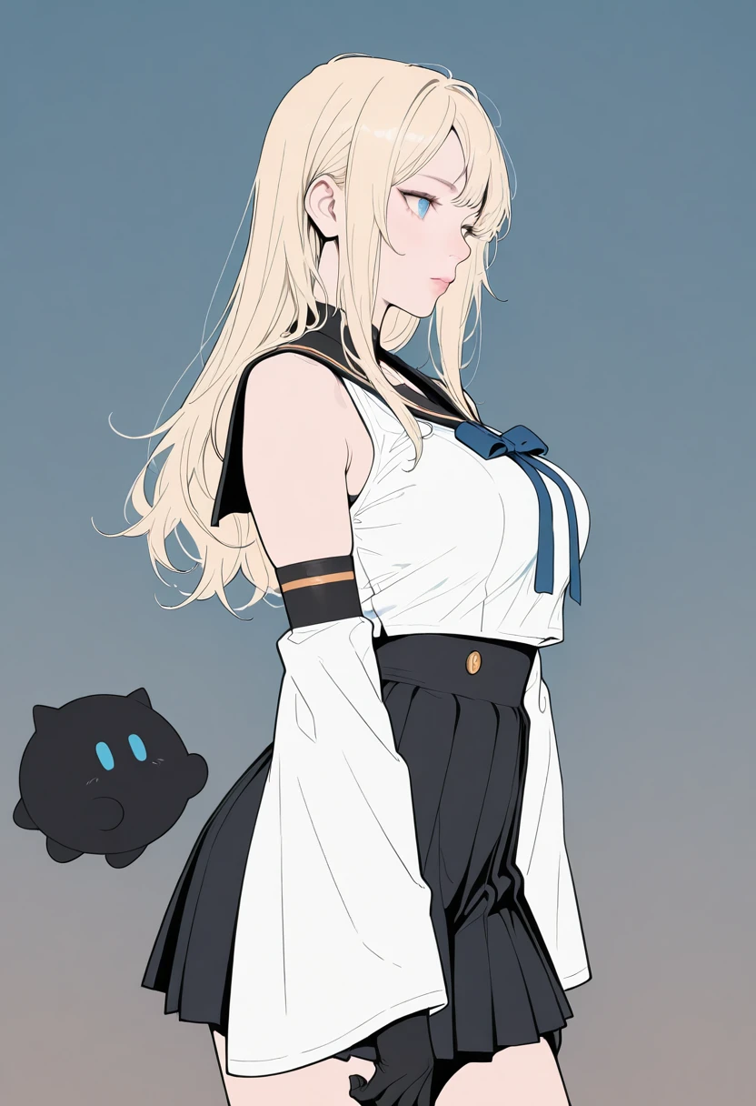 HDR, masterpiece, best quality, very aesthetic, (realistic:1.1), (flat color:1.5),
bibi, 1girl, solo, blue eyes, blonde hair, long hair,
dress, black sailor collar, detached sleeves, wide sleeves, bare shoulders, white shirt, sleeveless shirt, pleated skirt, elbow gloves, large breasts,