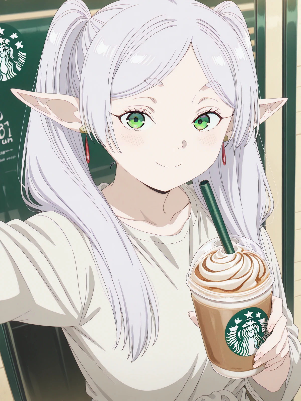 masterpiece, best quality, amazing quality,, <lora:frieren-s1-illustriousxl-lora-nochekaiser:1>, frieren, long hair, twintails, green eyes, grey hair, pointy ears, elf, mature female, small breasts, anime screencap, <lora:selfie-holding-starbucks-cup-illustriousxl-lora-nochekaiser:1>, selfie holding starbucks cup, starbucks, solo, looking at viewer, blush, smile, holding, upper body, cup, holding cup, drinking straw, reaching, drink, disposable cup, selfie, reaching towards viewer,, , ,