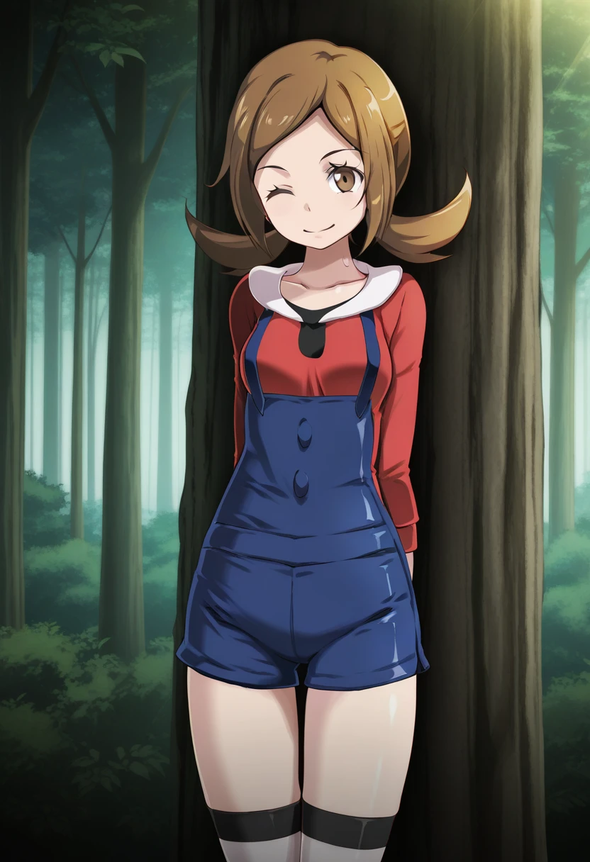 1girl, solo, kotonelyratsukishiro, brown hair, low twintails, long hair, straight hair, brown eyes, no hat, shirt, long sleeves, undershirt, shirt under shirt, collarbone, overalls, thighhighs, outdoors, forest, cowboy shot, standing, smile, arms behind back, tree, against tree, wink, looking at viewer,