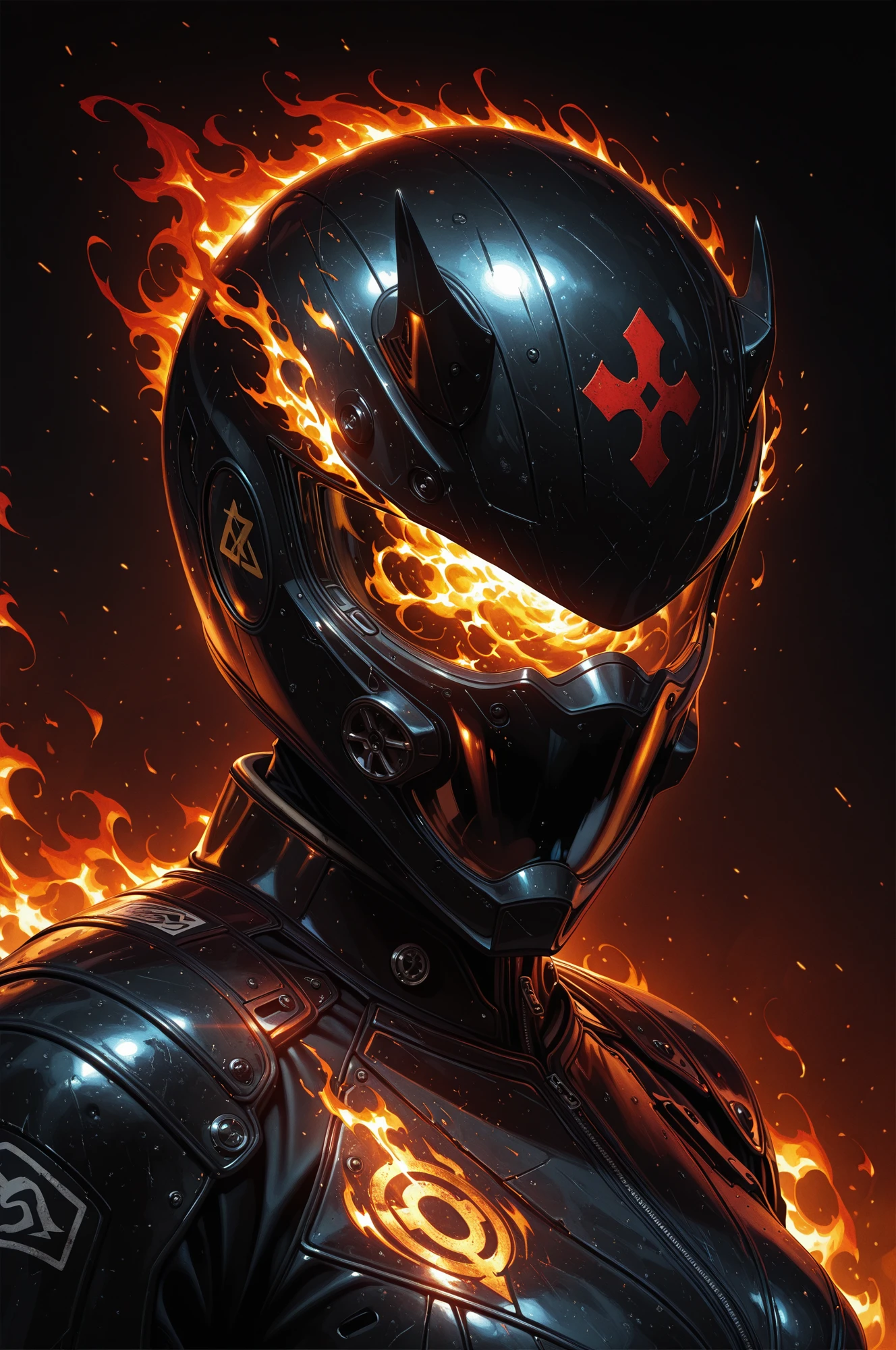 masterpiece, best quality, high resolution, 8k, stylized digital art, aesthetic illustration, amazing quality, very aesthetic, cinematic angle, photorealistic, dramatic lighting, 
three-quarter portrait of woman, full head mask, motorcycle helmet, fire flares, black and red, dark background