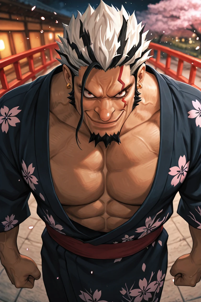 anime screencap,

robex-1male focus, white-black_robex_hair, black_robex_facial mark, reddish yellow_robex_eyes, veins, manly, looking at viewer, closed mouth, smile,

arms at side, [pectoral cleavage], sexually suggestive,

broad shoulders, yukata, alternate costume, intricately detailed clothes,

blurry background, cherry blossom, tori, red railing, 

straight-on, close-up, foreshortening, dynamic angle, dynamic action, atmospheric perspective, depth of field, cinematic, light particles, visual effects,

masterpiece, best quality, amazing quality, very aesthetic, absurdres, newest, very awa