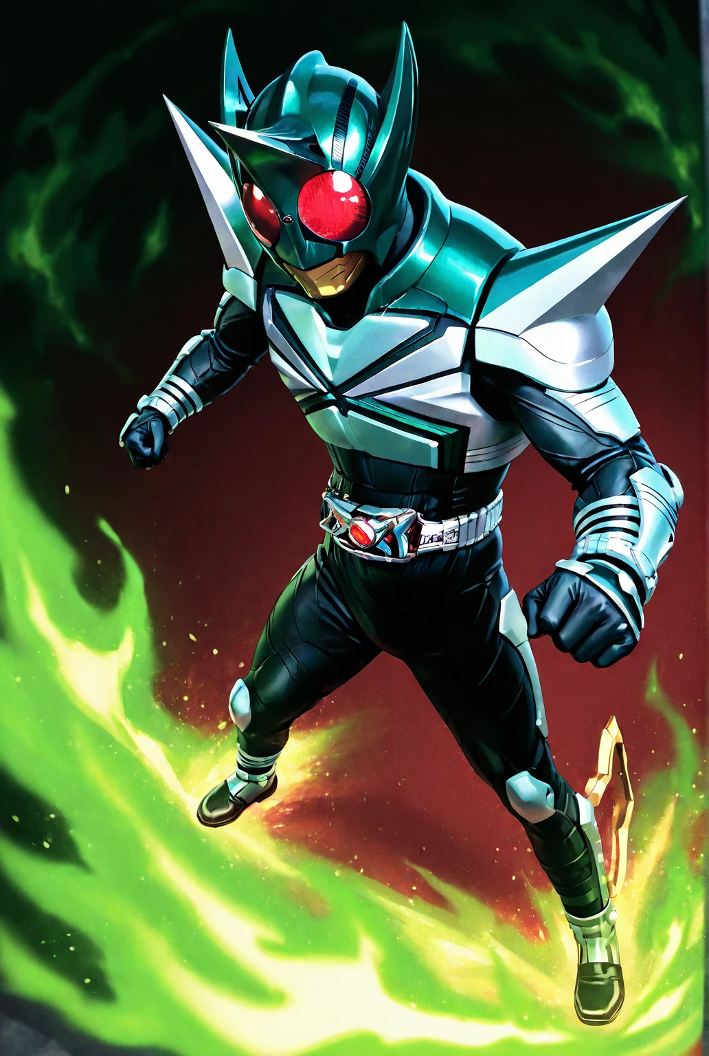 very awe,aesthetically pleasing,masterpiece,best quality,amazing quality,very aesthetic,ultra-detailed,high resolution,8k,1boy,solo,male focus,detailed face,armor,belt,bodysuit,helmet,red eyes,tokusatsu,spikes, boots, dynamic pose, perspective, depth of field,green fire background,<lora:add-detail-xl:1>,<lora:kamen rider kick hopper:0.7>,kick h0pper,