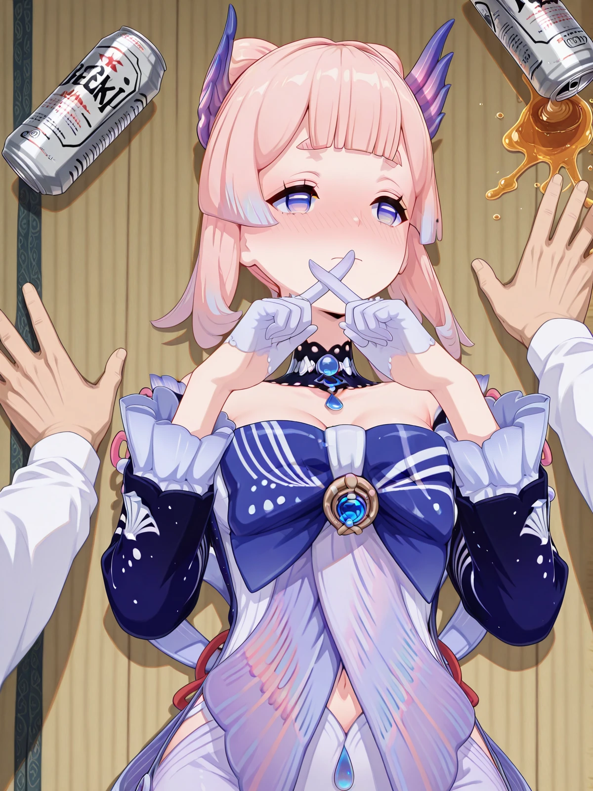 masterpiece, best quality, amazing quality,, <lora:genshin-kokomi-sangonomiya-ingame-illustriousxl-lora-nochekaiser:1>, kokomi sangonomiya, sangonomiya kokomi, long hair, bangs, hair ornament, purple eyes, pink hair, sidelocks, multicolored hair, blunt bangs, gradient hair, bow-shaped hair, mature female, medium breasts, 3d,, <lora:getsuyoubi-no-tawawa-400-illustriousxl-lora-nochekaiser:1>, getsuyoubinotawawa 400, x fingers, looking away, blush, closed mouth, 1boy, lying, solo focus, on back, pov, nose blush, alcohol, can, pov hands, drunk, drink can, beer can, spill, on floor,, , ,