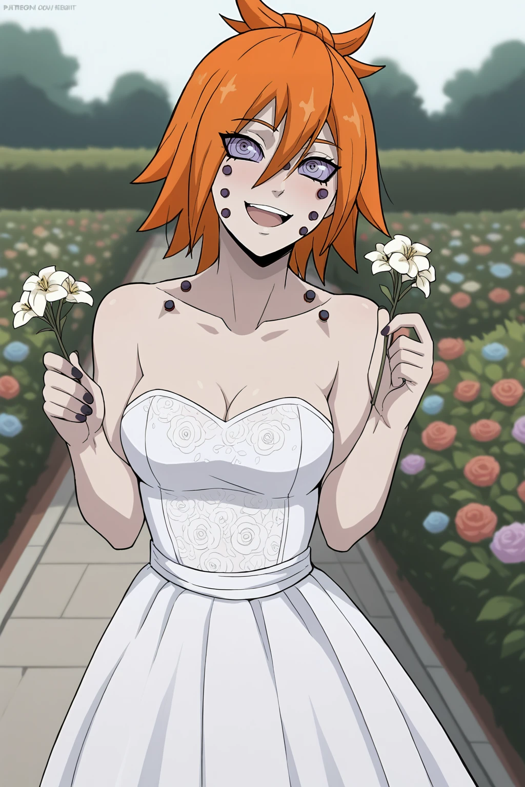 masterpiece, best quality, very aesthetic, amazing quality, highres, absurdres, normal quality, chikushodo, orange hair, purple sclera, ringed eyes, piercing, (artist:hedit:0.75), looking at viewer, wedding dress, collarbone, cleavage,, holding flowers, outdoors, white background, blurry background, flower garden scenario, cowboy shot, piercing on hands, :d, happy, open mouth, forehead, hair between eyes