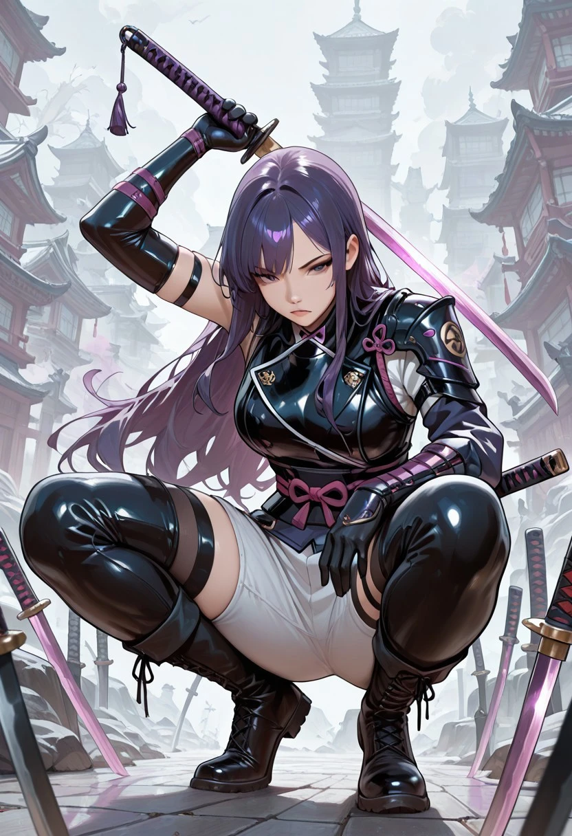masterpiece, newest, absurdres, best quality, 1girl, solo, weapon, sword, long hair, gloves, purple hair, thighhighs, elbow gloves, pants, long sleeves, rating: safe, boots, katana, squatting, breasts,