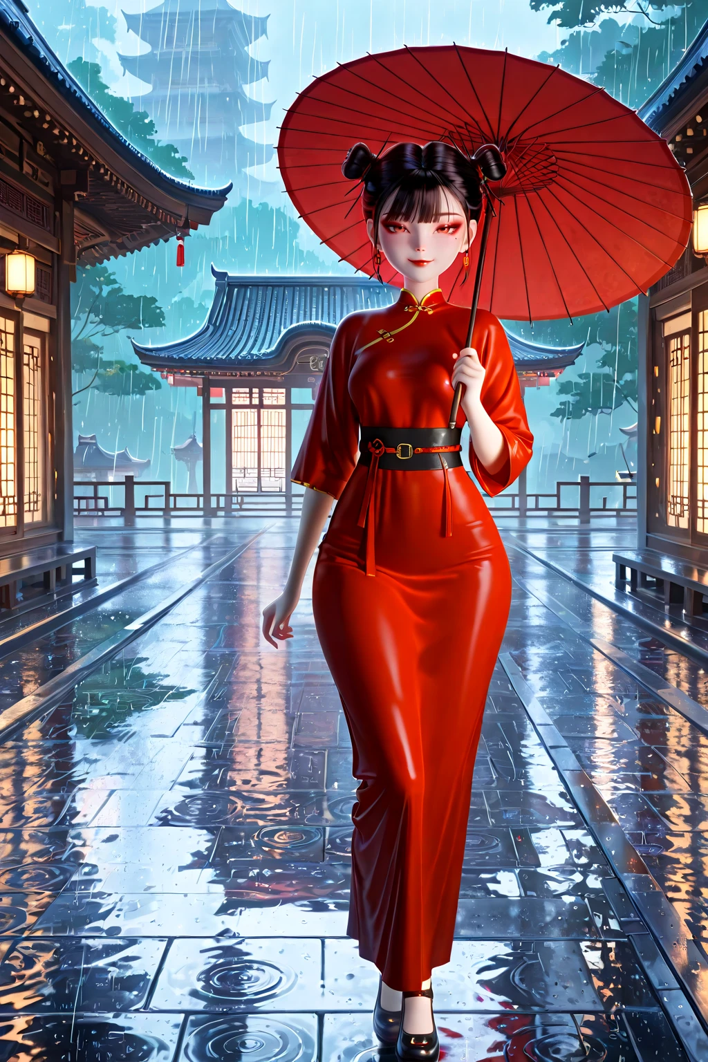 front view,outdoors,rain,holding umbrella,east asian architecture,
1girl,looking at viewer,full body,standing,seductive smile,
Best quality,masterpiece,soft light,official art,high quality,highres,absurdres,epic scene,natural textures, <lora:Er Li IL:1> er li, hair bun, double bun, bangs, makeup, red lips, mole under eye