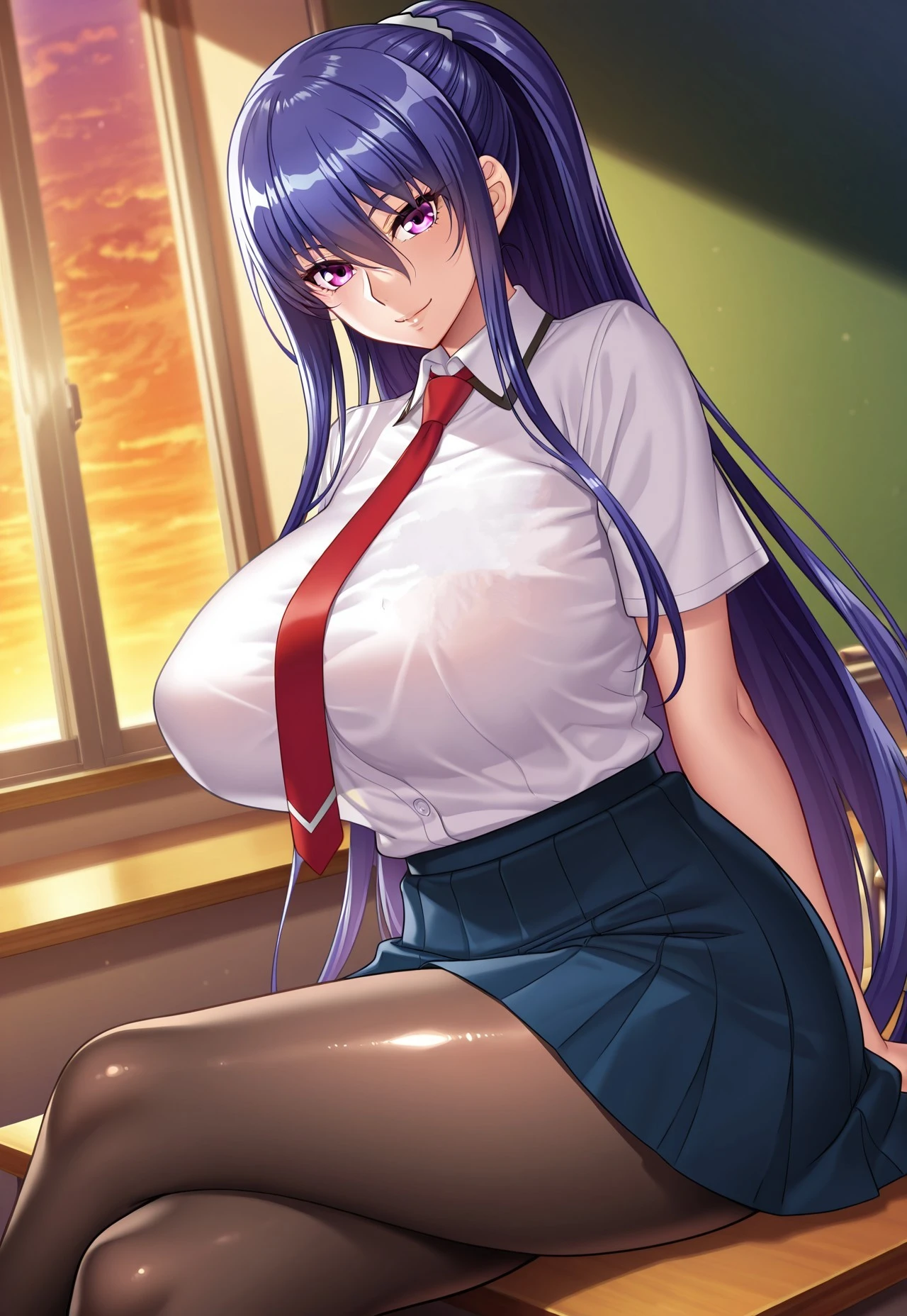 masterpiece, best quality, amazing quality, very aesthetic, highres, absurdres, newest, perfect anatomy, official art, taimanin \(series\), taimanin rpgx, aoi nagisa \(metalder\), depth of field, blurry background, solo, looking at viewer, three-quarter view, from side, classroom, desk, on desk, chalkboard, dusk, sunset,
BREAK,
[1girl, female focus, official alternate costume, akiyama rinko, very long hair, straight hair, blue hair, hair between eyes, sidelocks, purple eyes, smile, closed mouth, thick lips, light blush, large breasts, huge breasts, wide hips, shiny skin, gosha academy school uniform, school uniform, white shirt, collared shirt, shirt tucked in, short sleeves, turtleneck, red necktie, blue skirt, pleated skirt, black pantyhose, hand on table, crossed legs, leaning back, sitting], 