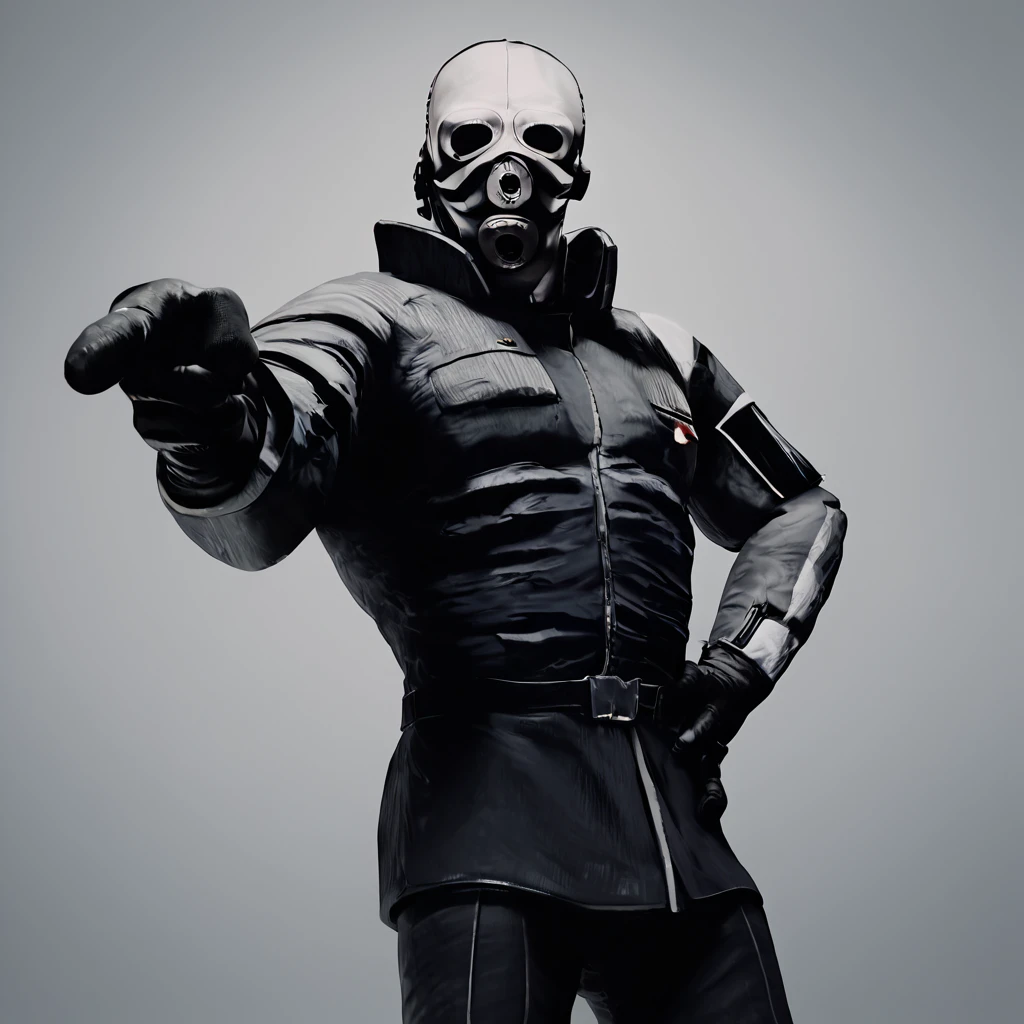 score_9, score_8_up, score_7_up, metrocop, uniform, gas mask, male, pointing at viewer, hand on hip