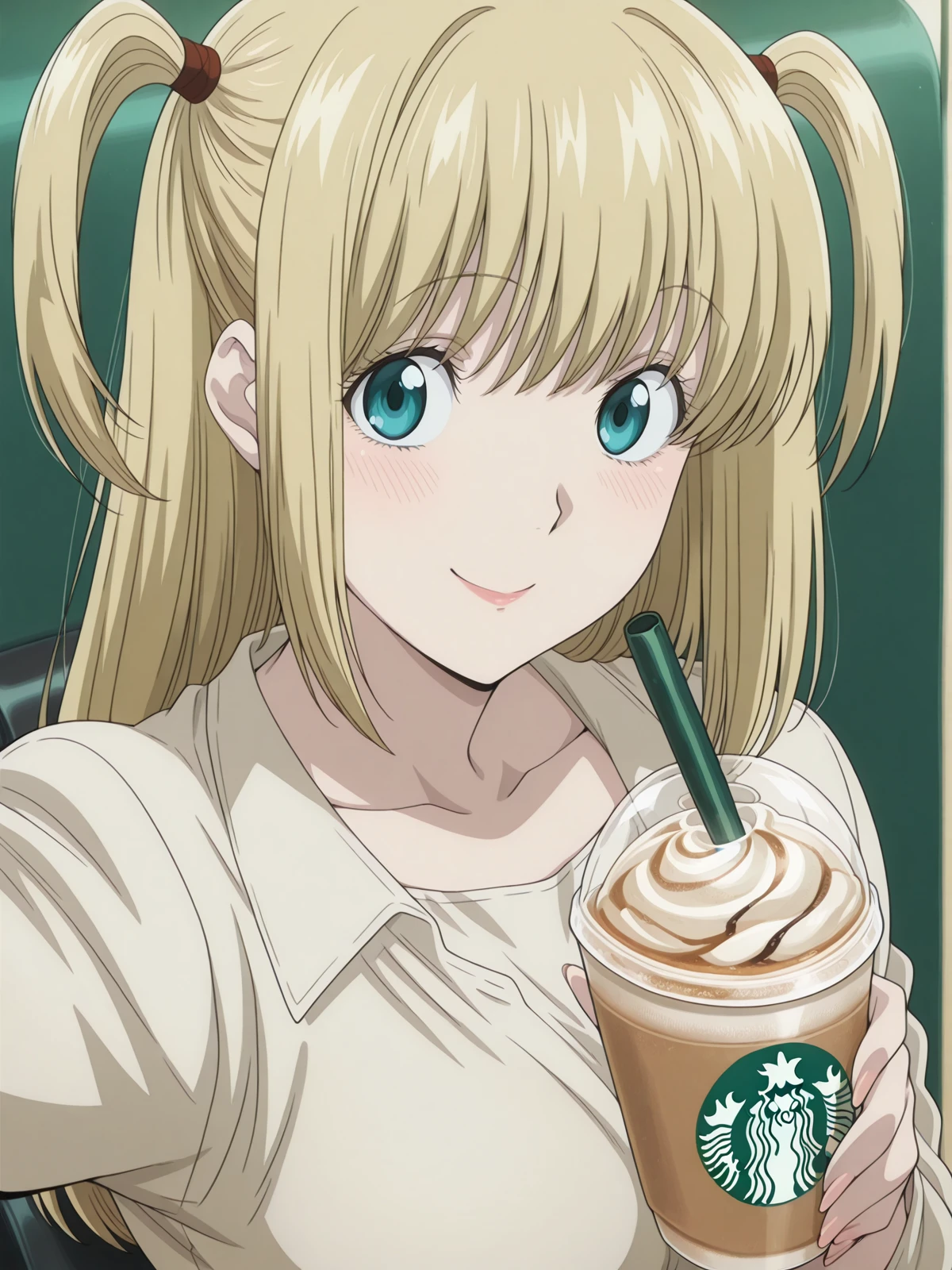 masterpiece, best quality, amazing quality,, <lora:misa-amane-anime-illustriousxl-lora-nochekaiser:1>, misa amane, long hair, blonde hair, blue eyes, two side up, mature female, medium breasts, anime screencap,, <lora:selfie-holding-starbucks-cup-illustriousxl-lora-nochekaiser:1>, selfie holding starbucks cup, starbucks, solo, looking at viewer, blush, smile, holding, upper body, cup, holding cup, drinking straw, reaching, drink, disposable cup, selfie, reaching towards viewer,, , ,