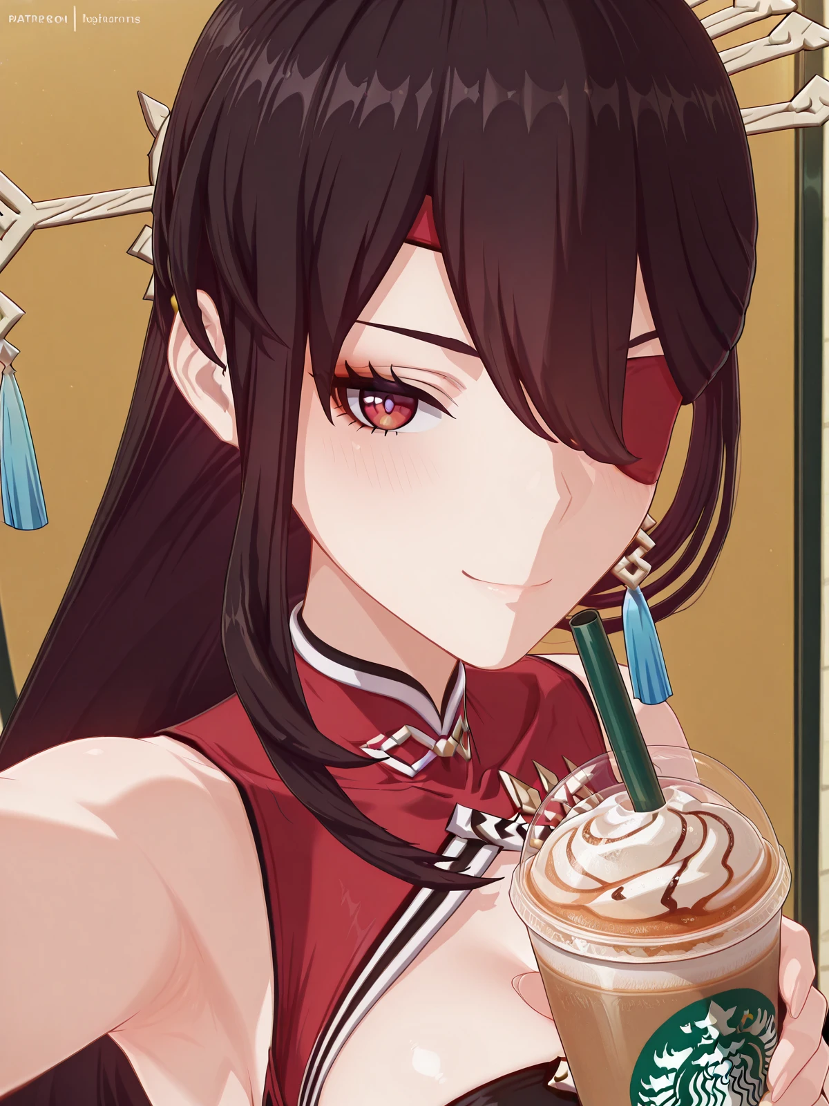 masterpiece, best quality, amazing quality,, <lora:genshin-beidou-ingame-illustriousxl-lora-nochekaiser:1>, beidou, beidou (genshin impact), long hair, bangs, brown hair, black hair, hair ornament, red eyes, hair over one eye, eyepatch, hairpin, one eye covered, mature female, breasts, 3d,, <lora:selfie-holding-starbucks-cup-illustriousxl-lora-nochekaiser:1>, selfie holding starbucks cup, starbucks, solo, looking at viewer, blush, smile, holding, upper body, cup, holding cup, drinking straw, reaching, drink, disposable cup, selfie, reaching towards viewer,, , ,
