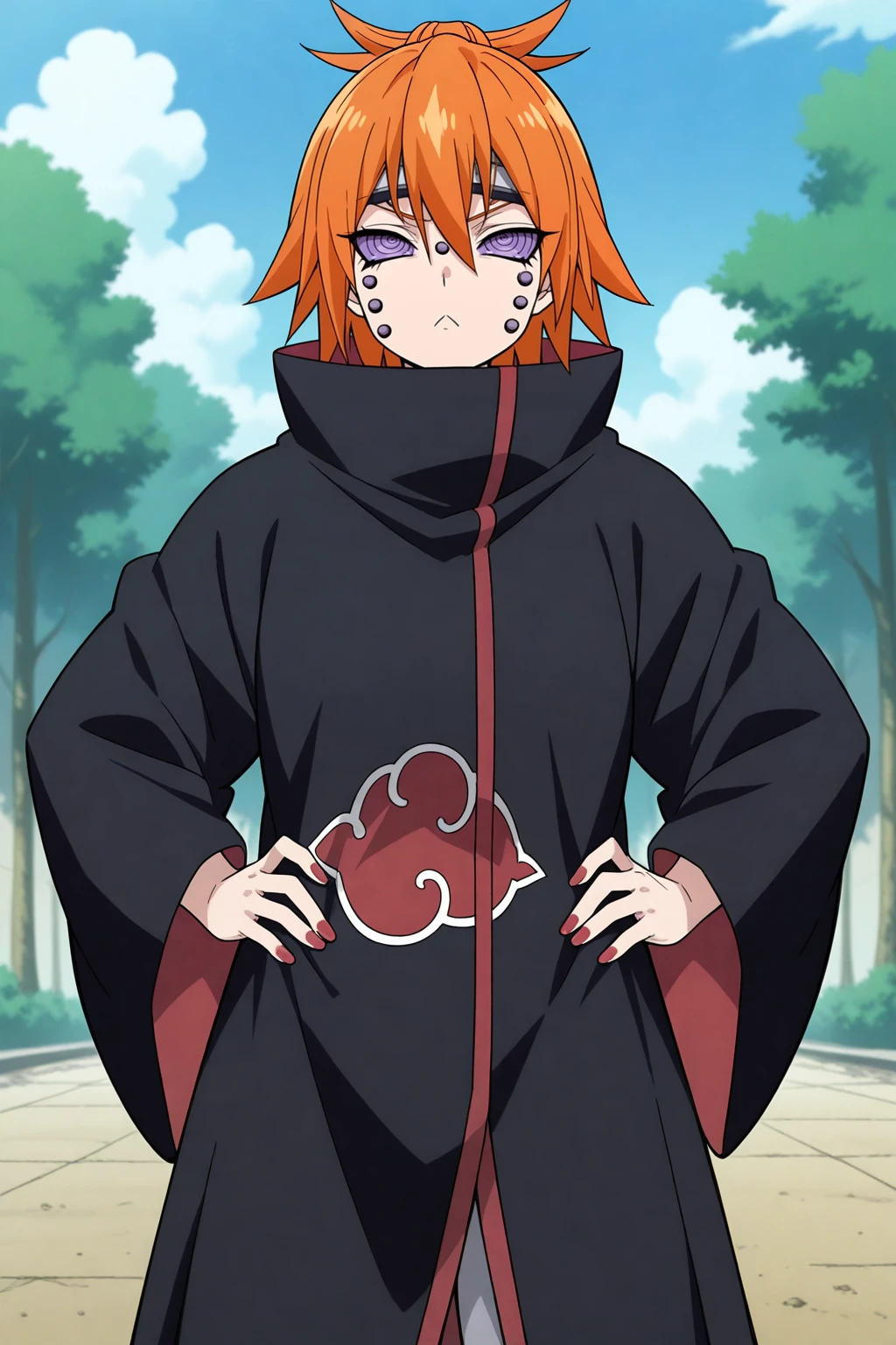masterpiece, best quality, absurdres, highres, normal quality, very aesthetic, anime screencap, chikushodo, 1girl, orange hair, forehead protector, piercing, black coat, (akatsuki uniform), cowboy shot, (looking at viewer), rinnegan, purple sclera, ringed eyes, outdoors, :<, half-closed eyes,, red nails, big sleeves, (collarbone:0.75), cowboy shot, hands on hips, grey bottom