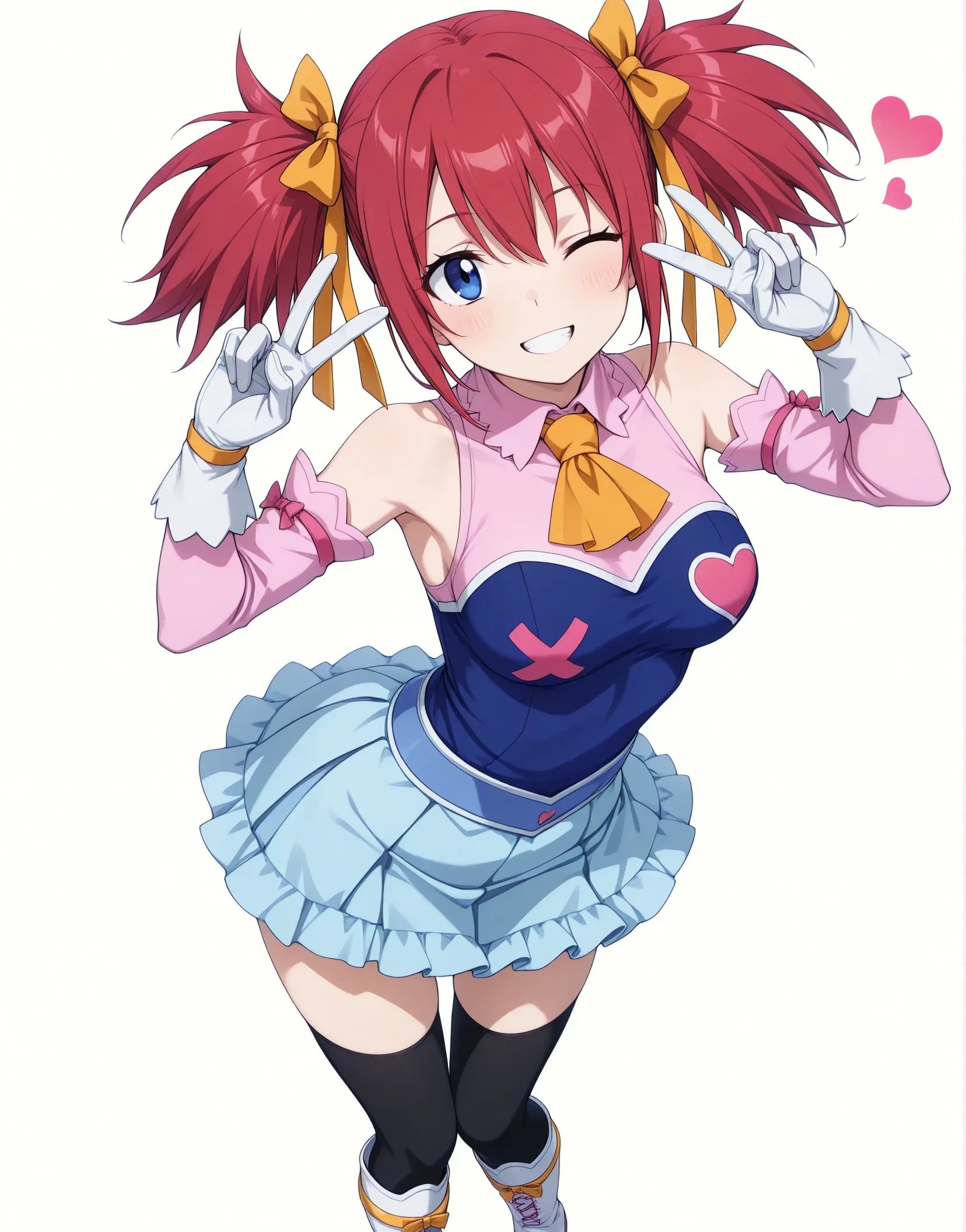 masterpiece, best quality, good quality, explicit,1girl,solo,anime coloring, highres,perfect lighting,<lora:CleanAnime - [Enchanter] - IllustriousXL v4.0:0.7>,<lora:AntiglazeSerum_rev5:0.6>,(flat color:1.2),
Fair-skinned,cute face,looking at viewer,full body, 
cowboy shot,
<lora:sheria_blendy_ill_v01.safetensors:1>,
sheria blendy,outfit1,
twintails,medium hair,red hair,hair bow,hair yellow ribbon,blue eyes,yellow ascot,pink shirt,blue shirt,detached sleeves,white gloves,heart,cross,light blue skirt,black thighhighs,white boots,multicolored boots,
medium breasts,
smile,one eye closed, double piece,teeth,double v,
simple background, white background,
