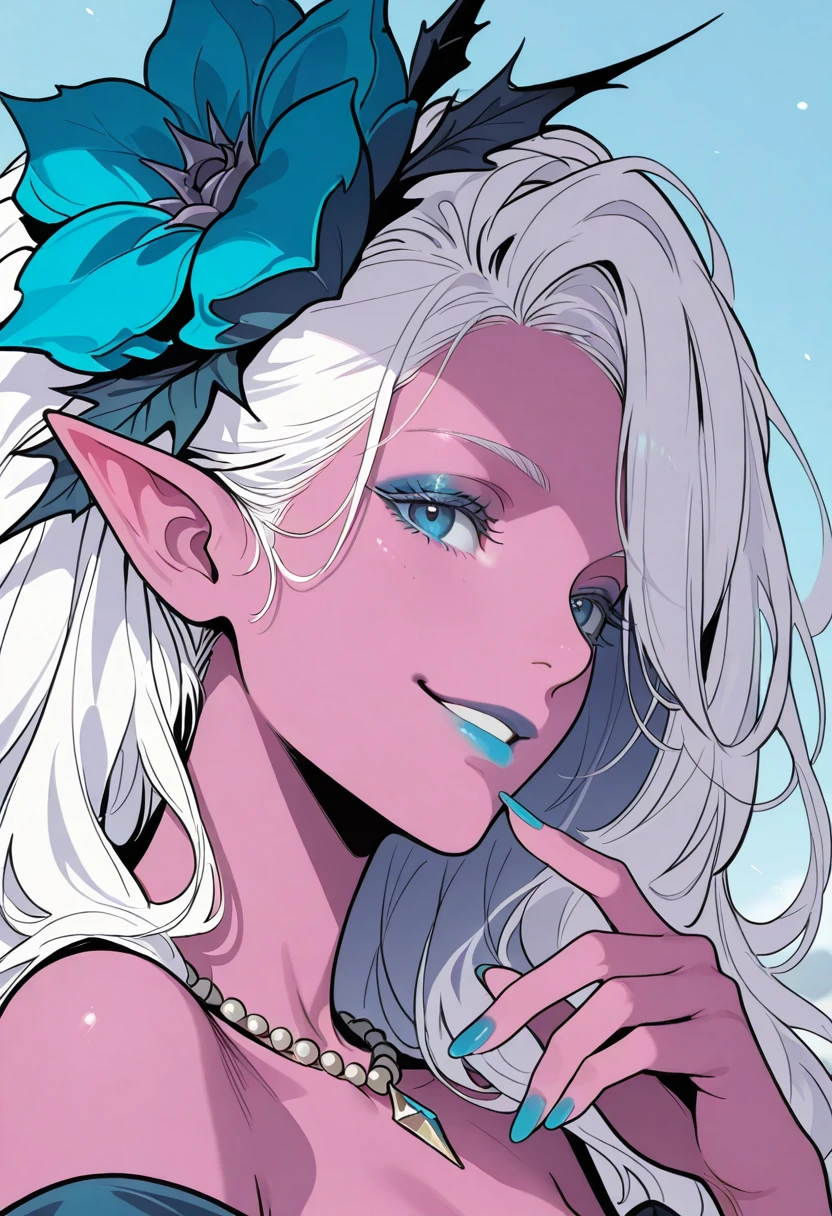 HDR, masterpiece, best quality, very aesthetic, (realistic:1.1), (flat color:1.5),
sharan, 1girl, solo, long hair, looking at viewer, smile, blue eyes, hair ornament, jewelry, bare shoulders, white hair, flower, pointy ears, hair flower, necklace, nail polish, makeup, colored skin, portrait, lipstick, blue nails, pink skin, blue lips