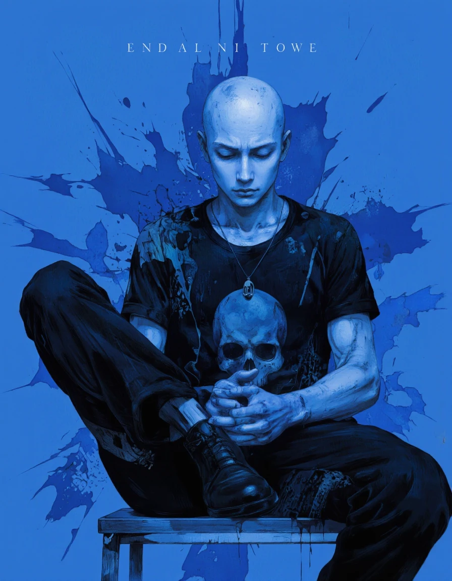 HaruNaka style. A digital illustration in monochrome with blue tones, based on a conceptual art style, depicting a bald man sitting in a contemplative pose against a blue background with abstract shapes. the man, who appears to be in his mid-twenties, is seated in the middle of the image, with his hands clasped together in front of him, wearing a black shirt and black pants. he has a slim body and a bald head, and his eyes are closed, giving off a peaceful expression. his expression is calm and serene. he is wearing a necklace with a skull pendant, adding a touch of edginess to his otherwise monochromatic appearance. the background is a solid blue color with splashes of paint, giving the impression of a grungy, distressed texture, adding to the overall moody atmosphere. the style is reminiscent of modern art, with bold lines and a minimalist aesthetic, making the image visually striking and captivating.
1girl, solo, looking at viewer, closed eyes, shirt, sitting, bald, black shirt, full body, blue background, male focus, black pants, hands together, untitled, blue skin, sitting on chair, bald head
camera_angle: from the front, art_style: digital illustration, location: indoor, background: blue with grungy texture, text: NA, distance_to_camera: upper body, clothing: black shirt with skull design, image_composition: middle, pants: black trousers, accessory: necklace, shoes: black shoes, action: sitting, facing_direction: facing viewer, eye_direction : NA, facial_expression: calm, ear: bald, eyes_color: blue eyes, gender: no human, hair_colour: no bald, hair style: bald head