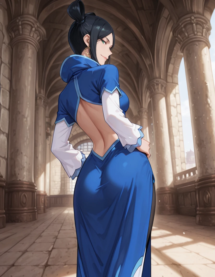 <lora:Minerva Orland_SDXL_IL_V1:1>,m1n1eb,1girl,solo,black hair,double bun,sidelocks,hoop earrings,green eyes,blue china dress,white sleeves,pantyhose,black high heels,
looking_at_viewer,available light,smile,moody lighting,day,castle,cowboy_shot,indoors,from behind,looking back,hand on own hip,, Best quality,masterpiece,soft light,official art,masterpiece,high quality,highres,absurdres,best quality,epic scene,natural textures,16k, masterpiece, absurdes, highly detailed, highres, high quality, best quality, score_9, score_8_up, score_7_up, source_anime, masterpiece, perfect face, perfect eyes,(extremely detailed face),Smooth Quality,