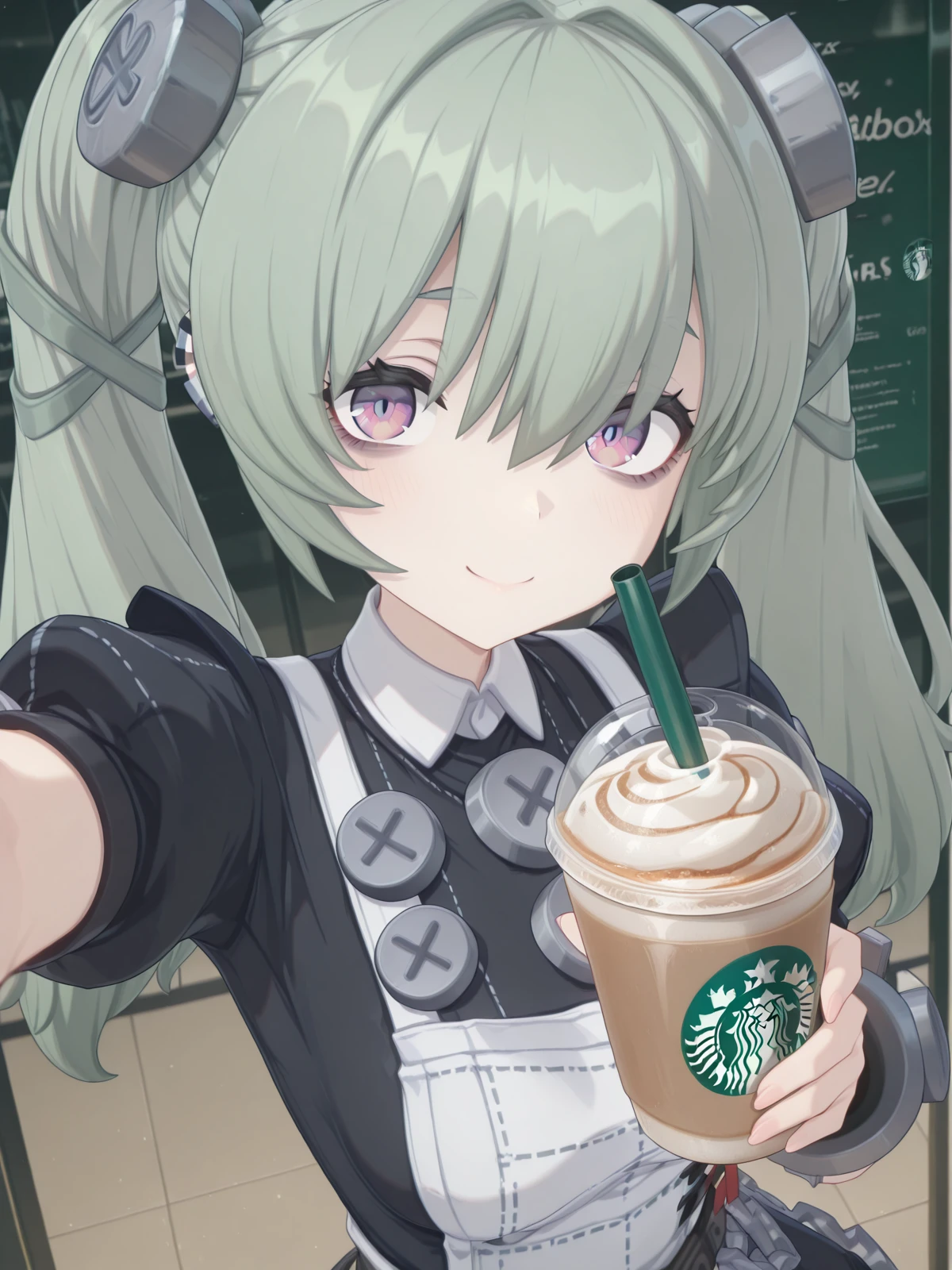 masterpiece, best quality, amazing quality,, <lora:zzz-corin-wickes-ingame-illustriousxl-lora-nochekaiser:1>, corin wickes, bags under eyes, black ribbon, green hair, long hair, purple eyes, twintails, mature female, small breasts, 3d, <lora:selfie-holding-starbucks-cup-illustriousxl-lora-nochekaiser:1>, selfie holding starbucks cup, starbucks, solo, looking at viewer, blush, smile, holding, upper body, cup, holding cup, drinking straw, reaching, drink, disposable cup, selfie, reaching towards viewer,, , ,