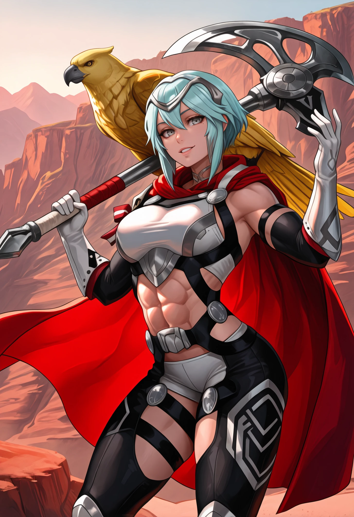 masterpiece, best quality, 1girl, grey eyes, Aqua hair, short hair, hair between eyes, sidelocks, , toned, (mole under eye:0.9),
abs,
Silver armor, silver headpiece, silver choker, ribbons, red cloak, black harness, black elbow gloves, arm strap, white gloves, white crop top, midriff, belt buckle, white , black thighhighs, thigh cutout, thigh strap, toeless legwear, black sandals,
looking at viewer, smile, teeth, parted lips, holding axe, huge axe, hands up,
outdoors, mountain, canyon, animal, yellow bird, large bird, yellow eagle, animal on shoulder,
<lora:Dagr-Fire-Emblem-NoobAi-1.1_V1-Manityro-CAME:1.0>,