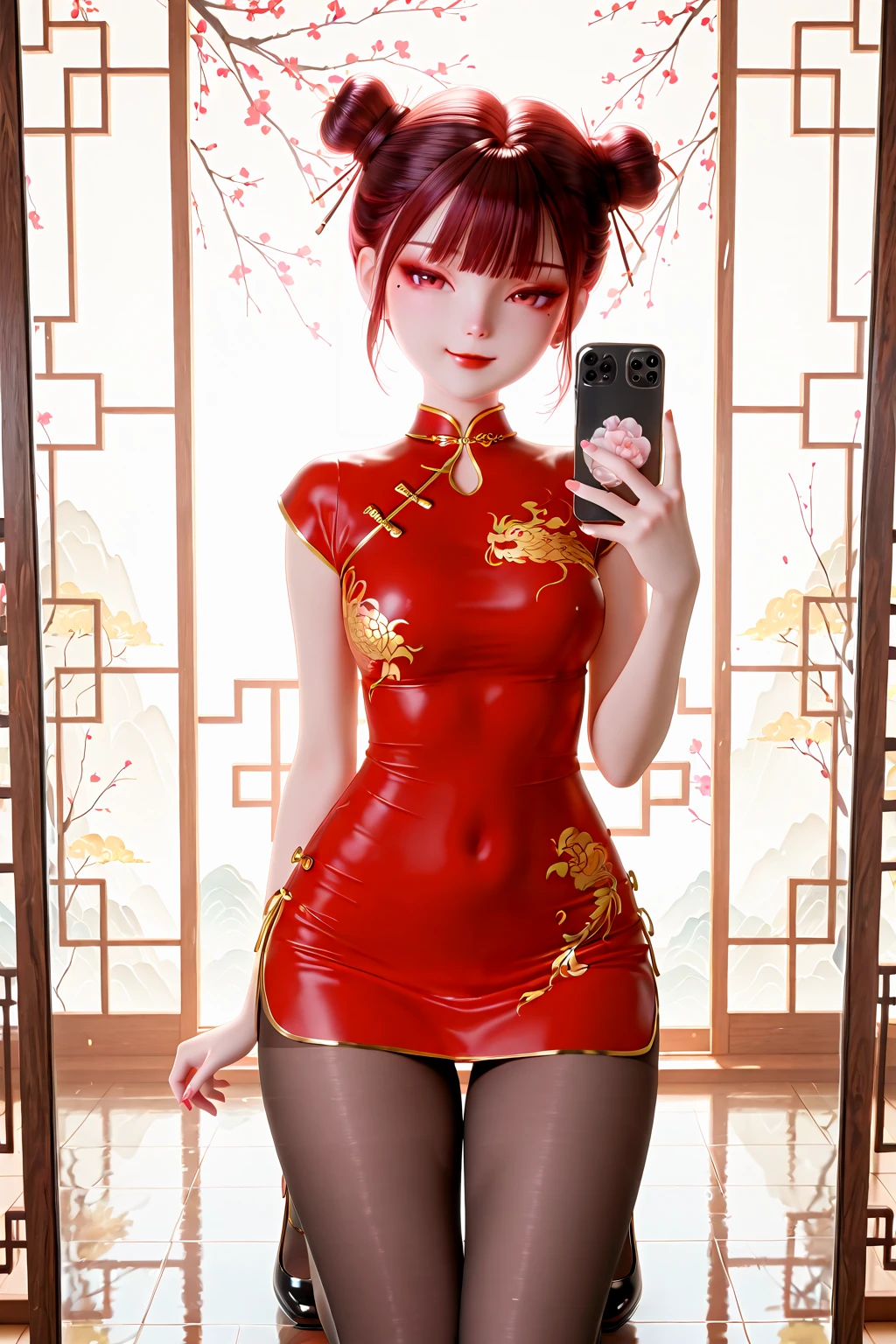 front view,1girl,solo,glass,mirror,reflection,smartphone,taking picture,full body,
1girl,seductive smile,china dress, qipao, pantyhose,
Best quality,masterpiece,soft light,official art,high quality,highres,absurdres,epic scene,natural textures, <lora:Er Li IL:1> er li, hair bun, double bun, bangs, makeup, red lips, mole under eye
