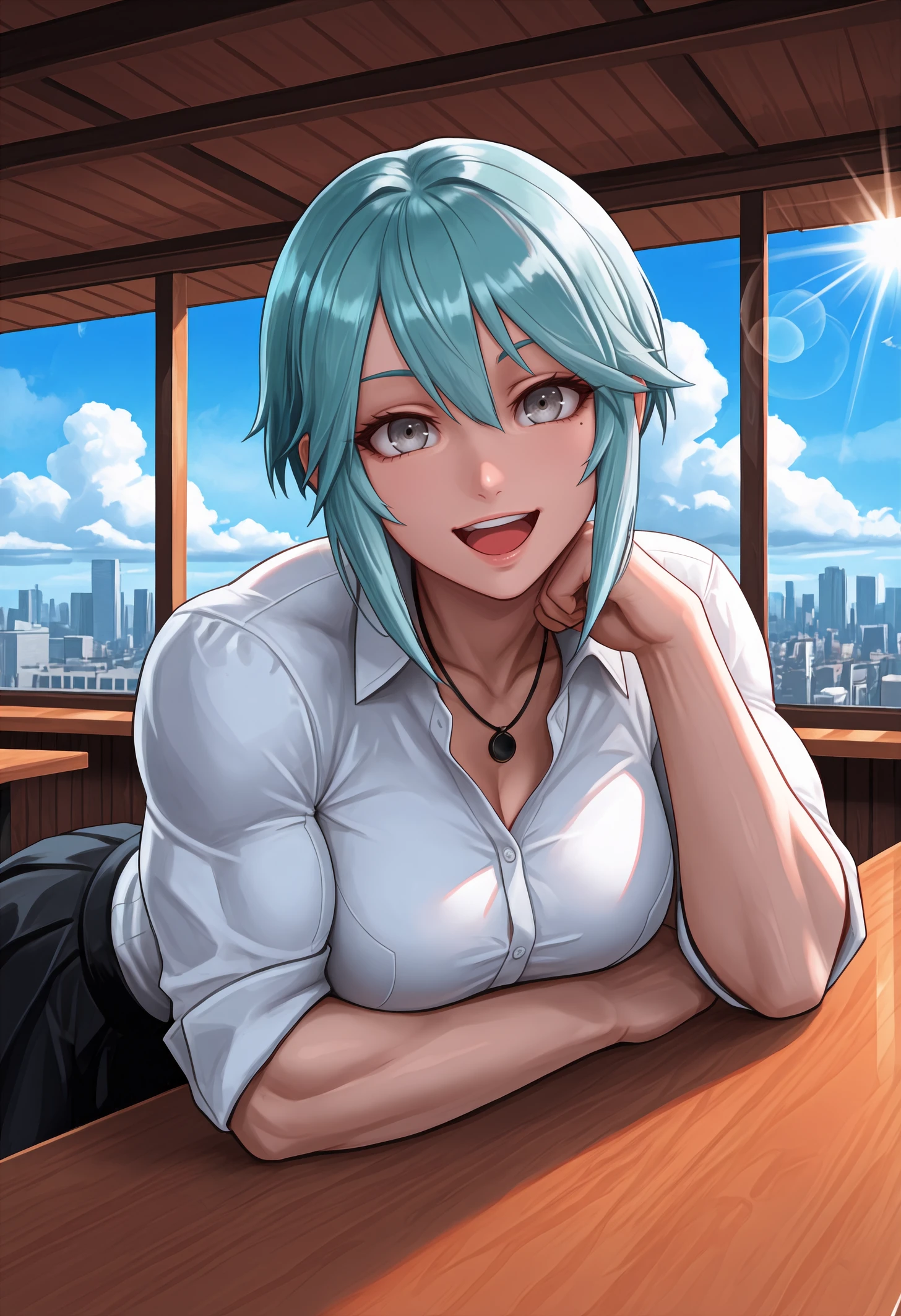 masterpiece, best quality, 1girl, grey eyes, Aqua hair, short hair, hair between eyes, sidelocks, , toned, (mole under eye:0.85),
biceps,
black necklace, white shirt, collared shirt, black skirt,
looking at viewer, smile, happy, excited, open mouth, wide mouth, upper teeth only, leaning forward, leaning on counter, elbow rest,
loaded interior, cafe, lens flare, summer, blue sky, cityscape, clouds, light rays,
<lora:Dagr-Fire-Emblem-NoobAi-1.1_V1-Manityro-CAME:1.0>,