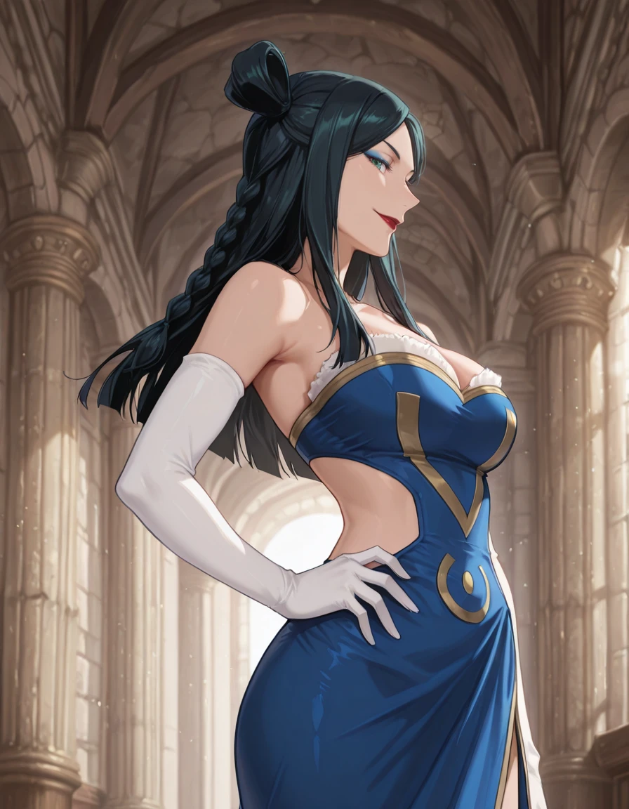 <lora:Minerva Orland_SDXL_IL_V1:1>,m1n1eb,1girl,solo,black hair,long hair,double bun,twin braids,blue eyeshadow,dark green eyes,lipstick,large breasts,bare shoulders,blue slit dress,white elbow gloves,black boots,
looking_at_viewer,available light,smile,moody lighting,day,castle,cowboy_shot,indoors,(from side:1.2),profile,hand on own hip,, Best quality,masterpiece,soft light,official art,masterpiece,high quality,highres,absurdres,best quality,epic scene,natural textures,16k, masterpiece, absurdes, highly detailed, highres, high quality, best quality, score_9, score_8_up, score_7_up, source_anime, masterpiece, perfect face, perfect eyes,(extremely detailed face),Smooth Quality,
