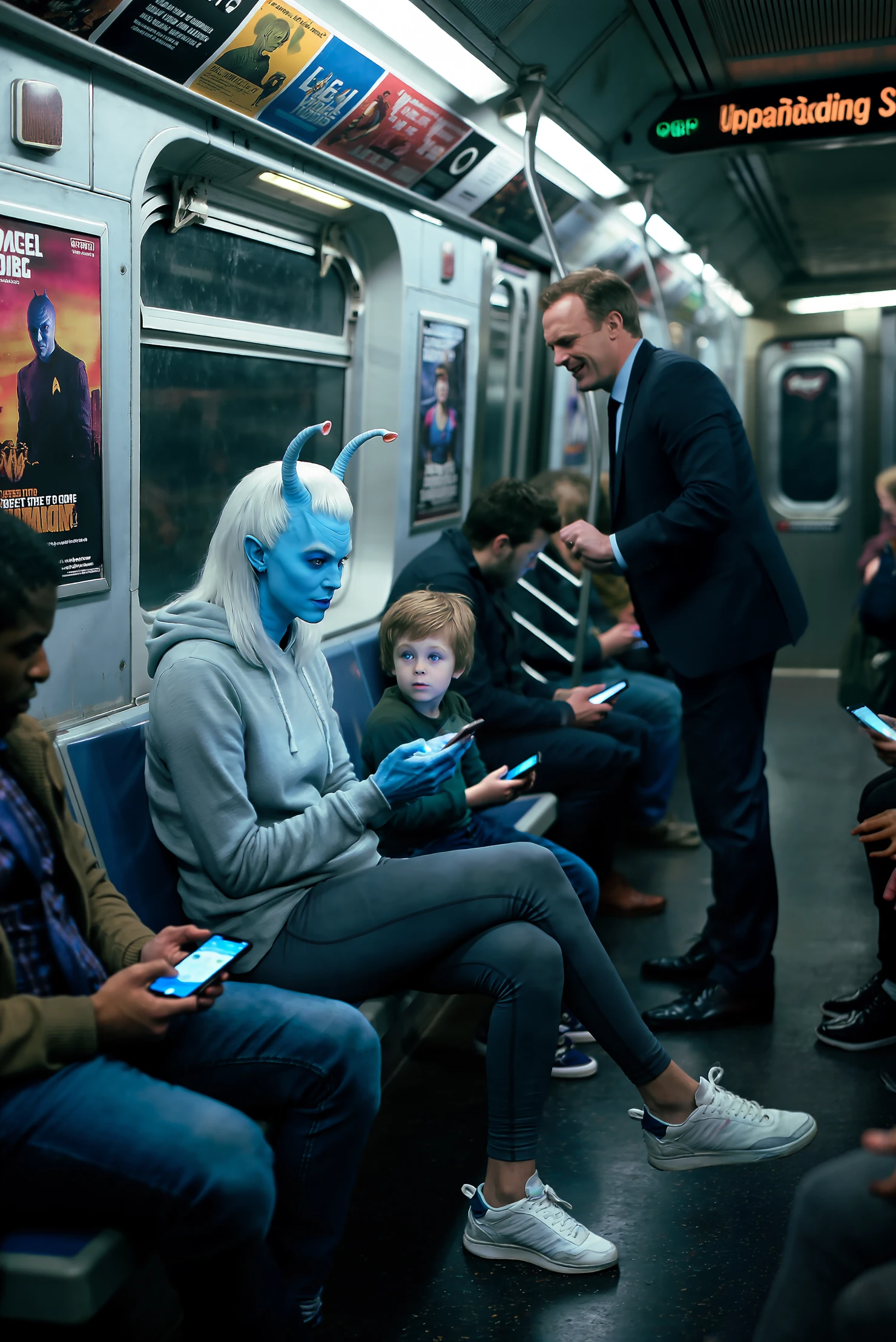 An Andorian woman with icy blue skin and long, sleek white hair is sitting on a crowded subway, dressed in a casual hoodie, leggings, and sneakers. Her antennae perk up as she nervously glances at the smartphone in her hands, trying to figure out how to use the map app for her stop. The passengers around her barely seem to notice, engrossed in their own screens, though a child sitting across from her stares in wide-eyed fascination at her antennae. A businessman standing nearby accidentally bumps into her, causing her antennae to twitch in surprise, but she manages a polite smile. The subway car rattles and shakes as it speeds through the underground tunnels, its dull lights casting a flickering glow on the metallic walls. Posters for local events and concerts are plastered across the car, while the mechanical voice overhead announces upcoming stops. It's a quiet moment of cultural disconnect as an Andorian navigates the mundane reality of modern city life.
