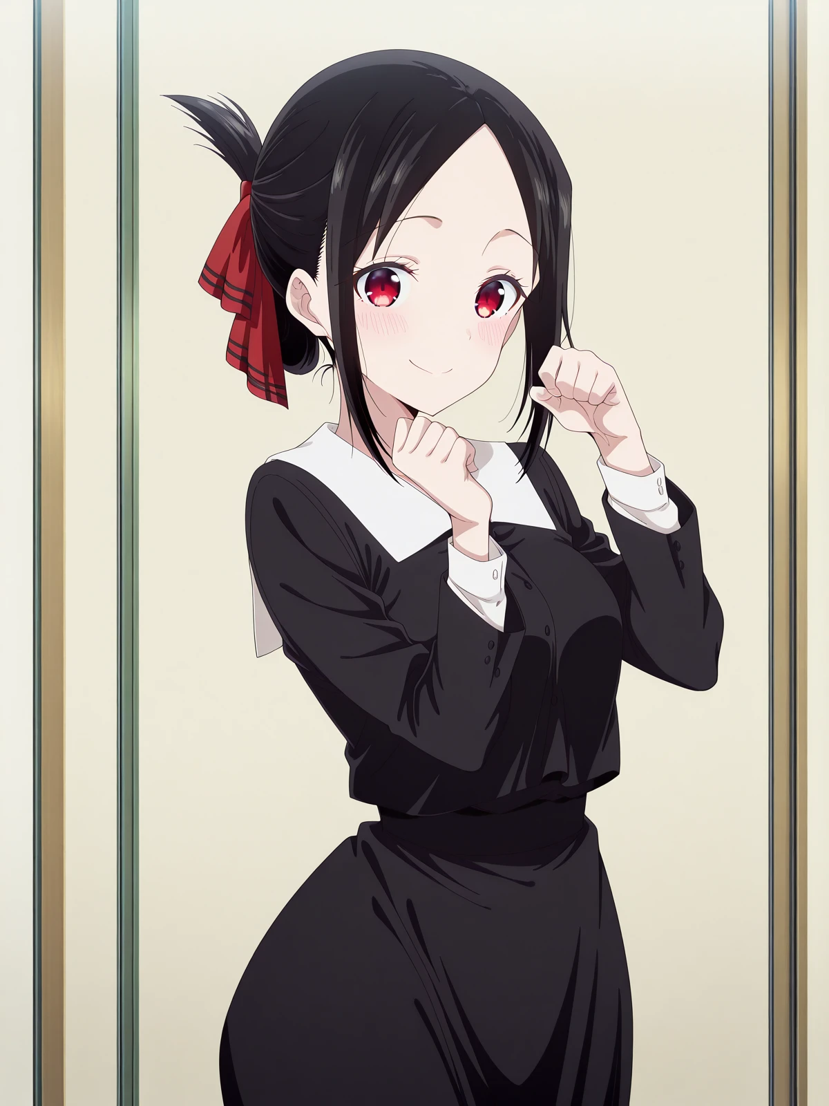 masterpiece, best quality, amazing quality,, <lora:kaguya-shinomiya-s3-illustriousxl-lora-nochekaiser:1>, kaguya shinomiya, short hair, bangs, black hair, red eyes, hair ribbon, sidelocks, folded ponytail, parted bangs, mature female, small breasts, anime screencap, <lora:amane-himeno-photoshoot-illustriousxl-lora-nochekaiser:1>, amane himeno photoshoot, solo, looking at viewer, blush, smile, closed mouth, standing, cowboy shot, paw pose,, , ,