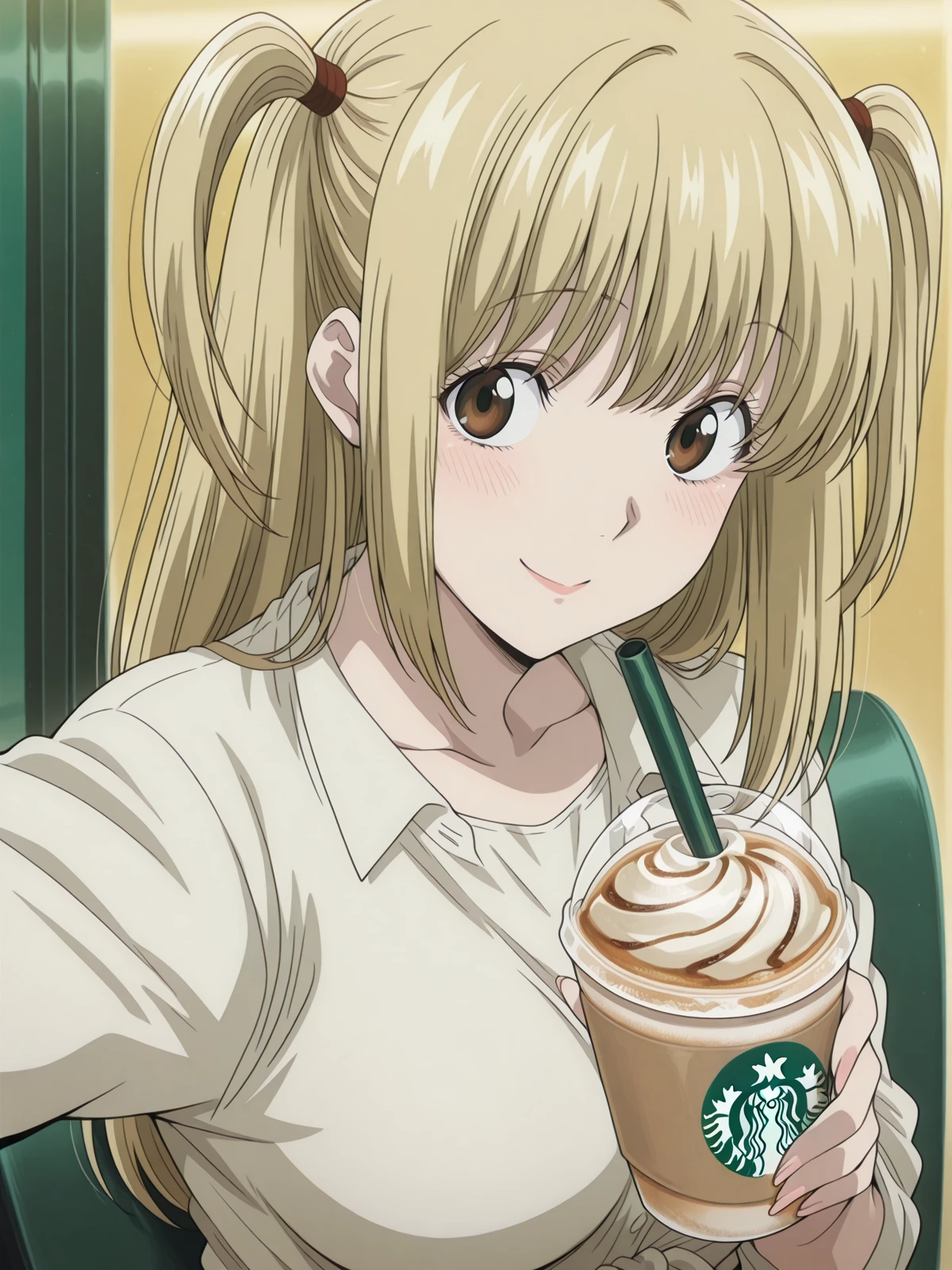 masterpiece, best quality, amazing quality,, <lora:misa-amane-anime-illustriousxl-lora-nochekaiser:1>, misa amane, long hair, blonde hair, brown eyes, two side up, mature female, medium breasts, anime screencap,, <lora:selfie-holding-starbucks-cup-illustriousxl-lora-nochekaiser:1>, selfie holding starbucks cup, starbucks, solo, looking at viewer, blush, smile, holding, upper body, cup, holding cup, drinking straw, reaching, drink, disposable cup, selfie, reaching towards viewer,, , ,
