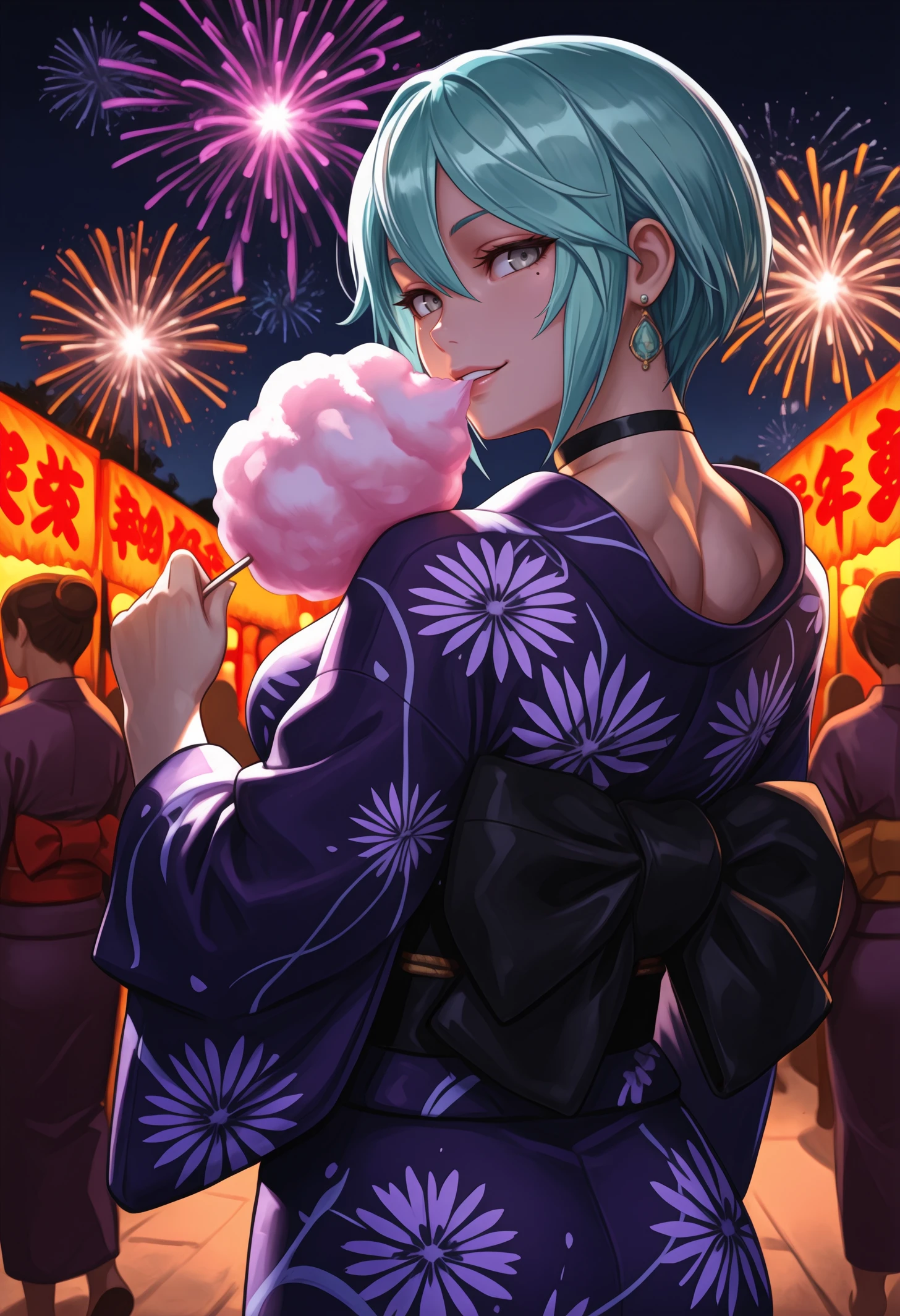 masterpiece, best quality, 1girl, grey eyes, Aqua hair, short hair, hair between eyes, , toned, (mole under eye:0.9),
black choker, bow, jewelry, earrings, japanese clothes, kimono, sash, obi, black bow, yukata, animal print, back bow, purple kimono,
looking at viewer, smile, multiple girls, parted lips, bite, food tug, food in mouth, eating, cotton candy, holding, food, holding food, looking back,
outdoors, sky, , night, night sky, solo focus, fireworks, aerial fireworks, festival, summer festival, 3girls, people,
<lora:Dagr-Fire-Emblem-NoobAi-1.1_V1-Manityro-CAME:1.0>,
