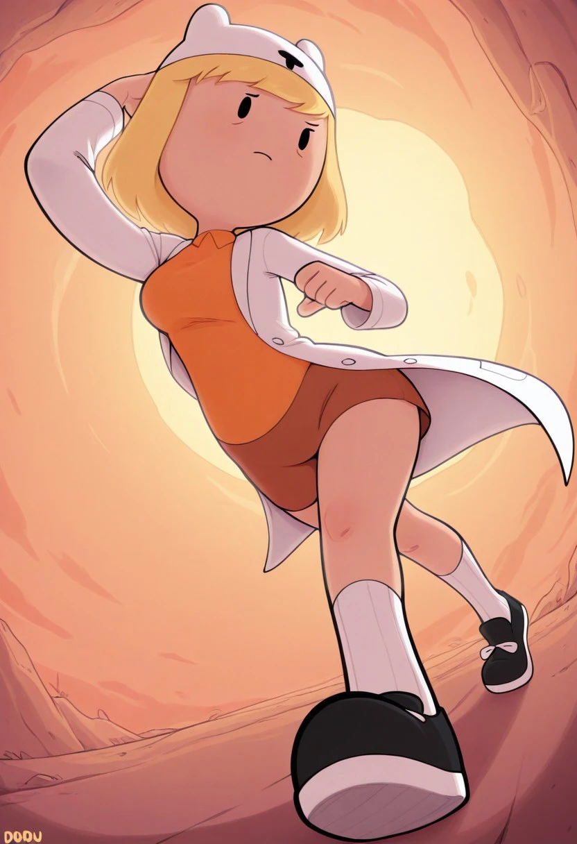 masterpiece, best quality, newest, absurdres, highres, 1girl, solo, minervaILL, blonde hair, short hair, labcoat, orange shirt, hat, white socks, black footwear, ,foreshortening, dynamic angle, adventure time, cartoon,