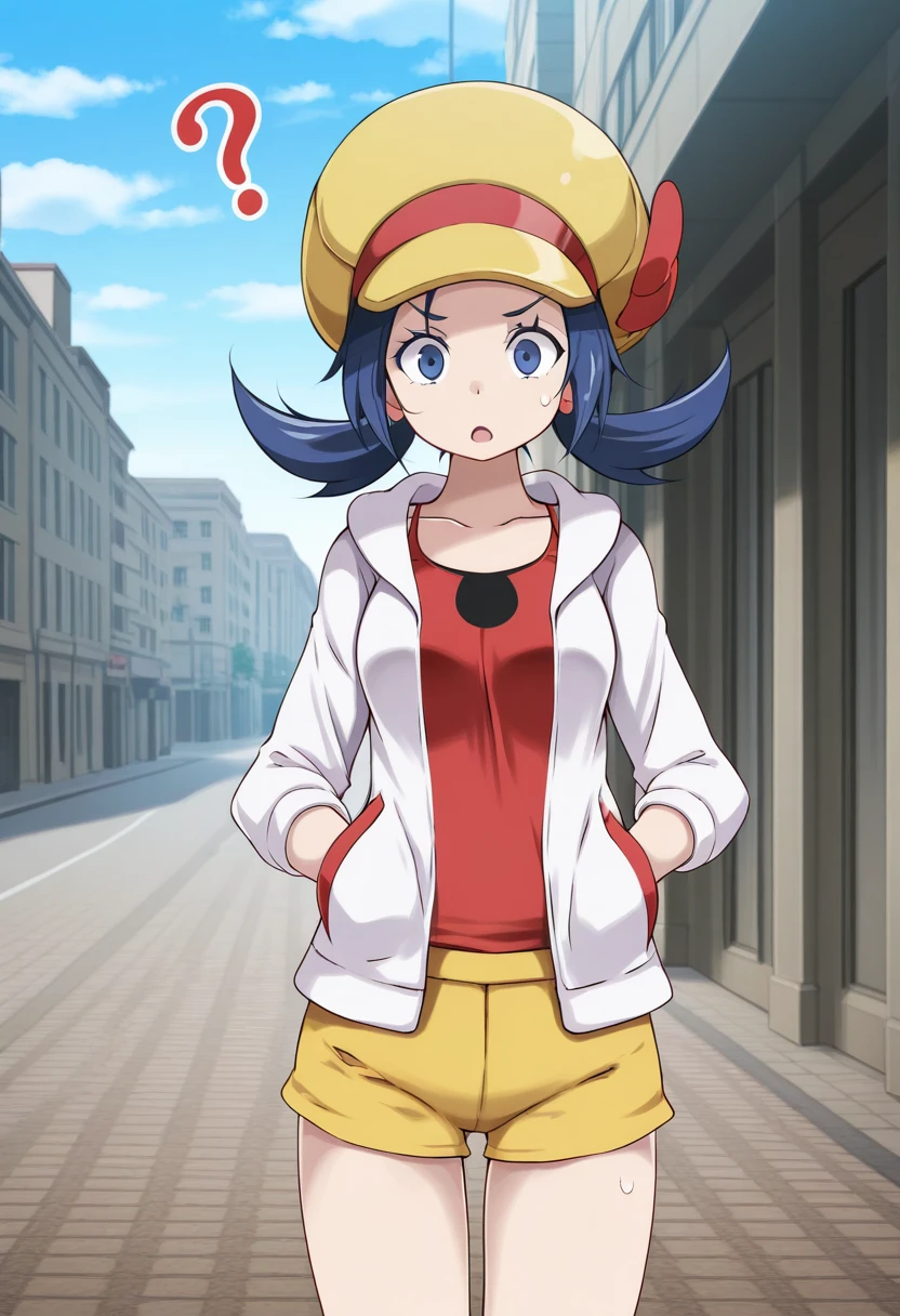 1girl, solo, kotonelyratsukishiro, blue hair, low twintails, long hair, blue eyes, yellow cabbie hat, white jacket, hoodie, open jacket, red tank top, long sleeves, collarbone, yellow shorts, short shorts, outdoors, sky, city, street, road, cowboy shot, standing, open mouth, raised inner eyebrows, confused, ?, question mark, straight on, hands in pockets
