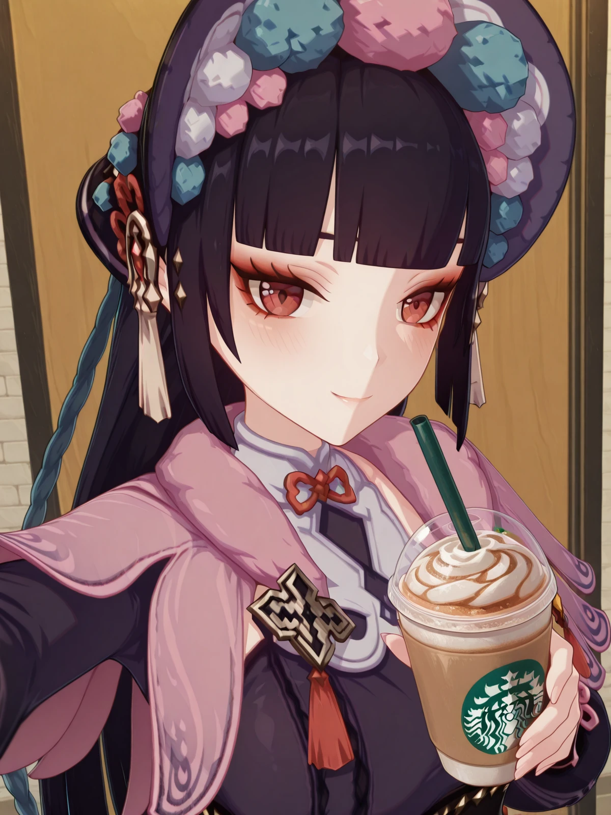 masterpiece, best quality, amazing quality,, <lora:genshin-yun-jin-ingame-illustriousxl-lora-nochekaiser:1>, yun jin, yun jin (genshin impact), black hair, blunt bangs, braid, eyeshadow, long hair, makeup, purple hair, red eyes, red eyeshadow, mature female, medium breasts, 3d, <lora:selfie-holding-starbucks-cup-illustriousxl-lora-nochekaiser:1>, selfie holding starbucks cup, starbucks, solo, looking at viewer, blush, smile, holding, upper body, cup, holding cup, drinking straw, reaching, drink, disposable cup, selfie, reaching towards viewer,, , ,
