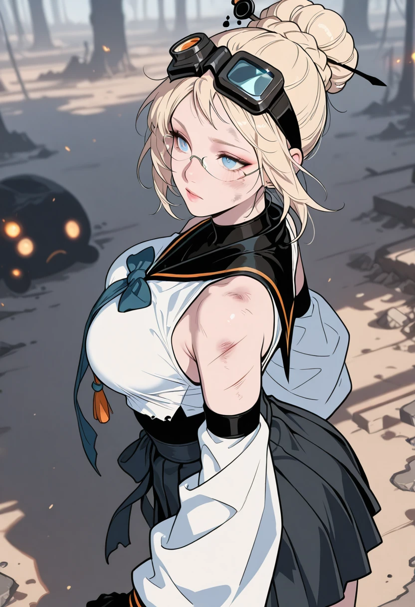 HDR, masterpiece, best quality, very aesthetic, (realistic:1.1), (flat color:1.5),
bibi, 1girl, solo, blue eyes, blonde hair, hair ornament, glasses, hair bun, single hair bun, goggles on head, hair stick, braid,
dress, black sailor collar, detached sleeves, wide sleeves, bare shoulders, white shirt, sleeveless shirt, pleated skirt, elbow gloves, large breasts, war, torn clothes, dirty, scratches, wild sex scene