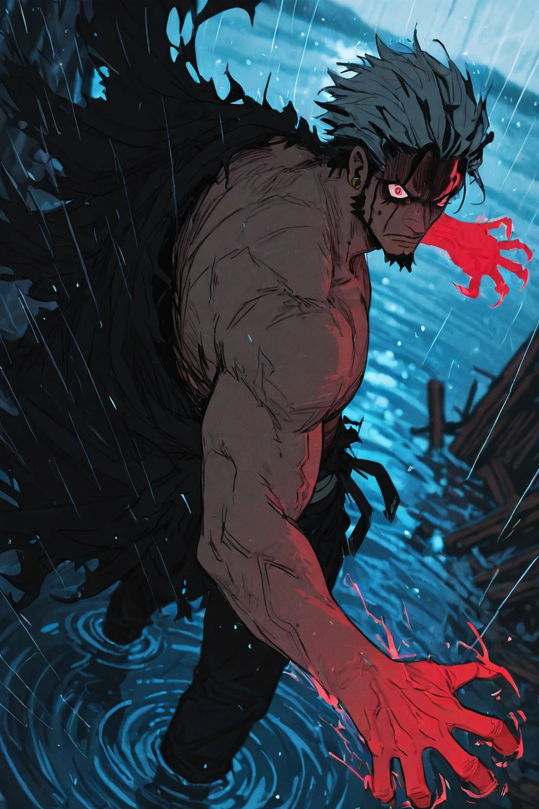 anime screencap, flat color,

robex-1male focus, white-black_robex_hair, black_robex_facial mark, reddish yellow_robex_eyes, veins, manly, looking at viewer, serious,

[dancing, [claw]], fighting stance, black lightning-aura, glowing claw,

broad shoulders, shaded face, partially submerged, torn clothes, shirt, pants, neckalce, intricately detailed clothes, windy, floating clothes,

blurry background, sunlight, rain, raining, wooden ruins, ocean horizon, ripples, water,

dutch angle, from above, from side, close-up, dynamic angle, dynamic action, atmospheric perspective, depth of field, light particles, visual effects,

masterpiece, best quality, amazing quality, very aesthetic, absurdres, newest, very awa