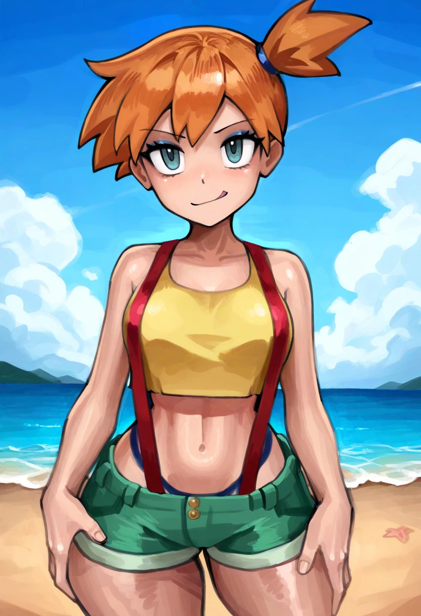 best quality, amazing quality, very aesthetic, absurdres,
1girl, misty \(pokemon\), orange hair, side ponytail, yellow crop top, short shorts, thong, suspenders, looking at viewer, smirk, standing BREAK
sand, sea, blue sky, tropical island background, <lora:SaiykikNoob_byKonan:1>