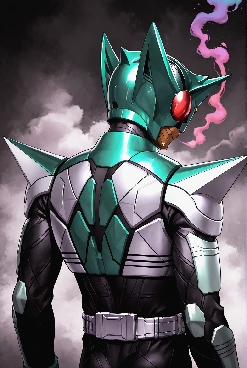 very awe,aesthetically pleasing,masterpiece,best quality,amazing quality,very aesthetic,ultra-detailed,high resolution,8k,1boy,solo,male focus,detailed face,armor,belt,bodysuit,helmet,red eyes,tokusatsu,spikes,upper body, , looking back,<lora:add-detail-xl:1>,<lora:kamen rider kick hopper:0.7>,kick h0pper,<lora:got_smoked_IL:0.5>,colorful smoke,smoke,