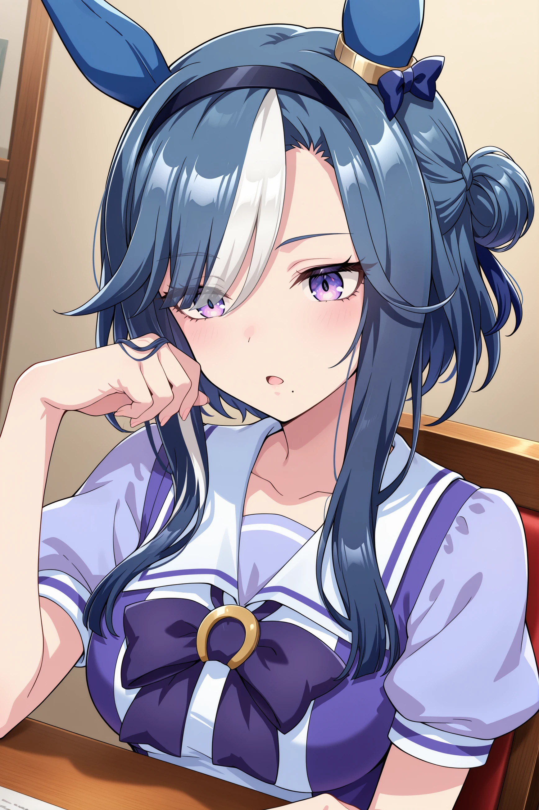 1girl, admire groove \(umamusume\), umamusume, animal ears, horse ears, horse girl, solo,
blue hair, purple eyes, multicolored hair, hair bun,ear covers, ear bow, medium breasts, white hair, two-tone hair, streaked hair, ear ornament, black hairband, medium hair, mole under mouth, blue bow, short hair with long locks, eyes visible through hair, hair over one eye,
<lora:admiregroove_Illust_v2:0.7>
tracen school uniform, short sleeves, summer uniform,
dutch angle, upper body, looking down, bored, open mouth,
(masterpiece, best quality, newest, highres), (anime coloring:1.5), (anime screenshot:1.5)
