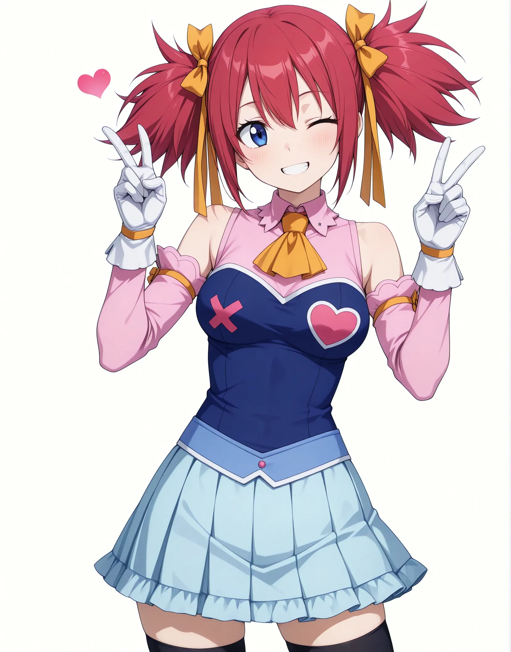 masterpiece, best quality, good quality, explicit,1girl,solo,anime coloring, highres,perfect lighting,<lora:CleanAnime - [Enchanter] - IllustriousXL v4.0:0.7>,<lora:AntiglazeSerum_rev5:0.6>,(flat color:1.2),
Fair-skinned,cute face,looking at viewer,
cowboy shot,
<lora:sheria_blendy_ill_v01.safetensors:1>,
sheria blendy,outfit1,
twintails,medium hair,red hair,hair bow,hair yellow ribbon,blue eyes,yellow ascot,pink shirt,blue shirt,detached sleeves,white gloves,heart,cross,light blue skirt,black thighhighs,
medium breasts,
smile,one eye closed, double piece,teeth,double v,
simple background, white background,