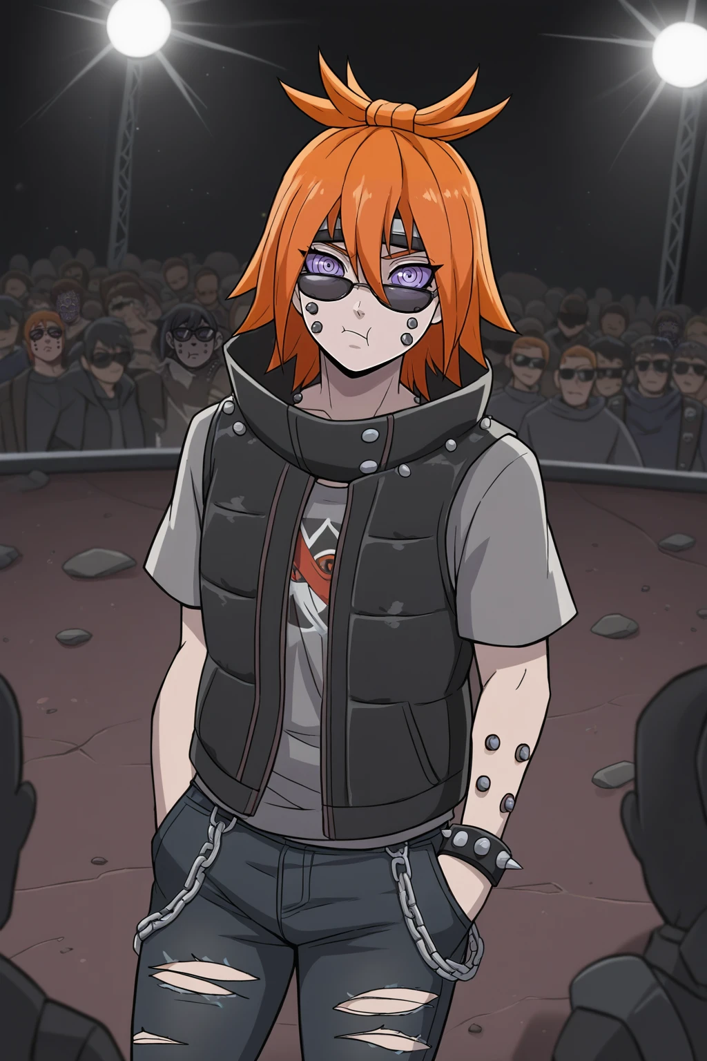 masterpiece, best quality, very aesthetic, amazing quality, highres, absurdres, normal quality, chikushodo, (wearing sunglasses), solo, orange hair, purple sclera, ringed eyes, piercing, (artist:hedit:0.65), looking at viewer, leather vest, spiked vest, black vest, torn clothes, grey t-shirt, black sunglasses, torn jeans, hands in pockets, spiked bracrlets, arm piercing, rock concert scenario, standing in crowd, dqrk background, projector lights, rock stage, punk wibes, :t, ducht angle, forehead protector