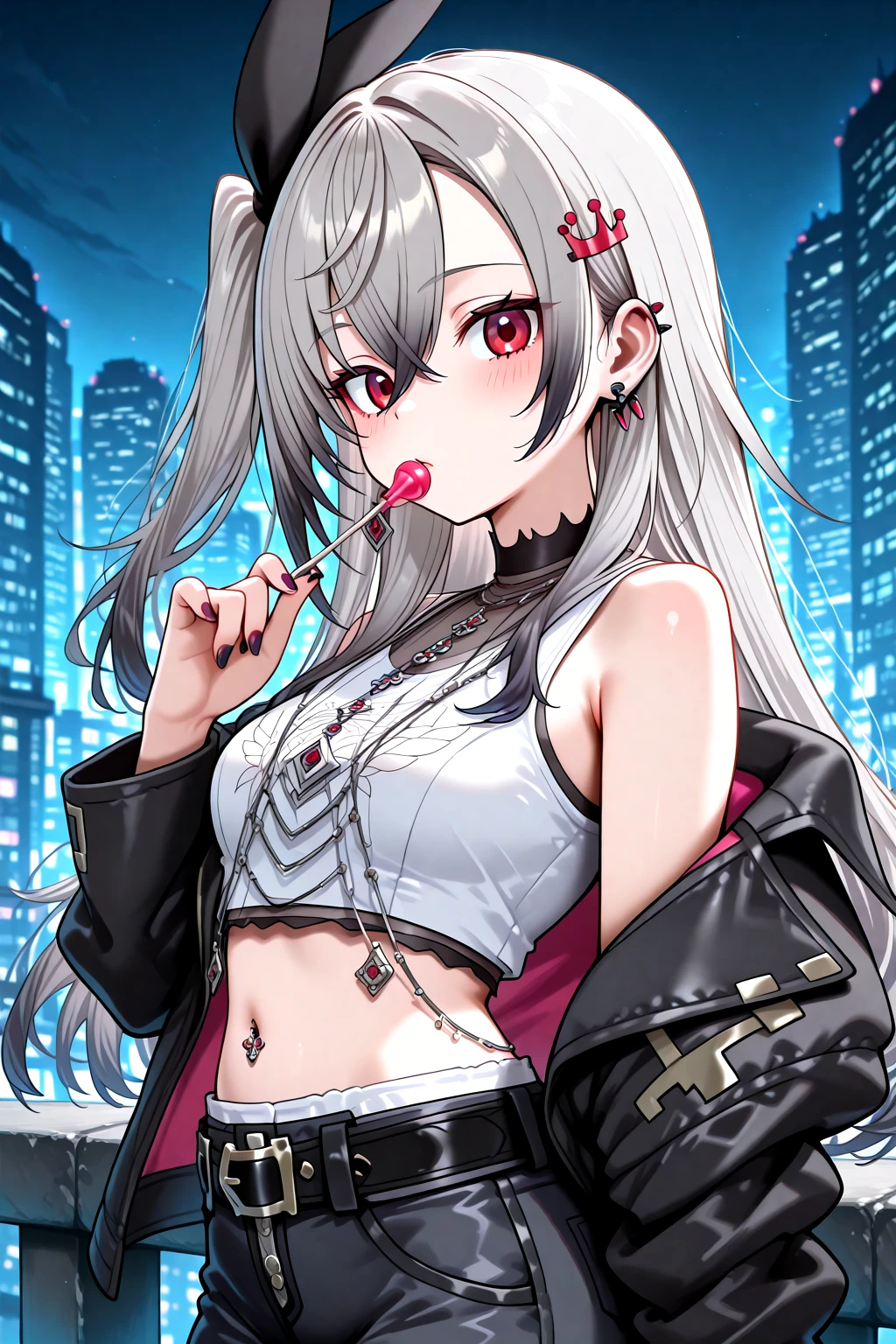 masterpiece, best quality, amazing quality, 1girl, solo, makeup, general, full shot, looking at viewer, blush, dramatic angle, expressionless, night, from side, cyberpunk, mouth on lollipop, cityscape, outdoors, <lora:Hololive_Riona:1>, Hololive_Riona, long hair, red eyes, grey hair, hair ornament, hairclip, black hair ribbon, hair between eyes, side ponytail, one side up, breasts, sidelocks, nail polish, jewelry, piercing, navel piercing, earrings, necklace, white shirt, sleeveless shirt, crop top, bare shoulders, navel, midriff, belt, pants, black jacket, open jacket, <lora:wai-A3-V140:1>, <lora:illustrious_noobai_epsilon_pred_1_masterpieces_v1:1>