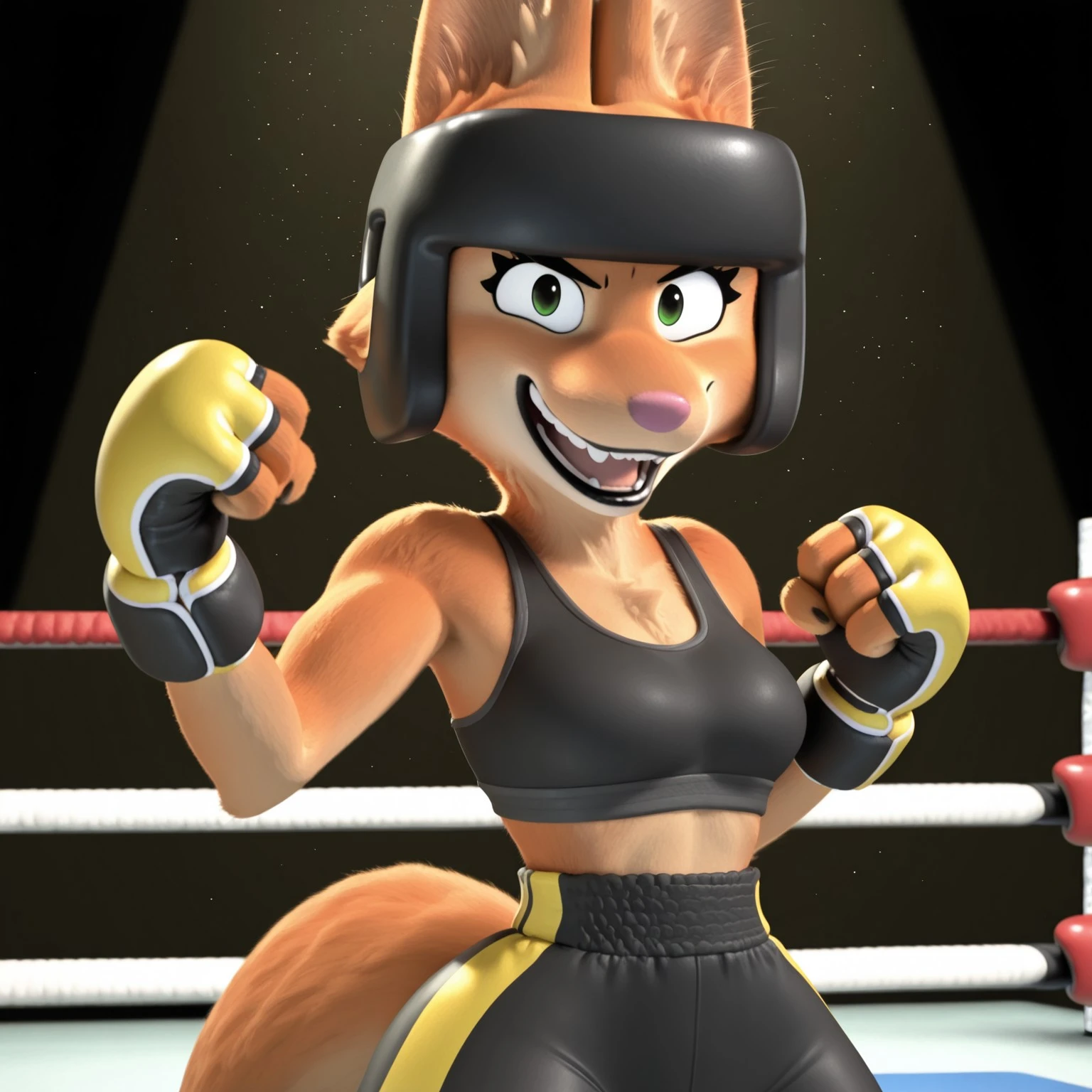 8k, masterpiece, best quality, highly detailed, 1girl, solo, DianeTBGV2, female furry, anthro, fox, cheek tuft, black eyebrows, green eyes, pink nose, black lips, orange body, orange fur, tan body, tan fur, two tone body, two tone fur, fox tail, black boxing headgear, black sports bra, yellow gloves, black gloves, multicolored gloves, fingerless gloves, kickboxing gloves, black spandex shorts, yellow stripes, multicolored shorts, upper body, 4 fingers, standing clenched fists, fighting pose, smile open mouth, teeth, looking at viewer, boxing ring, spotlight, indoors, detailed background, face focus