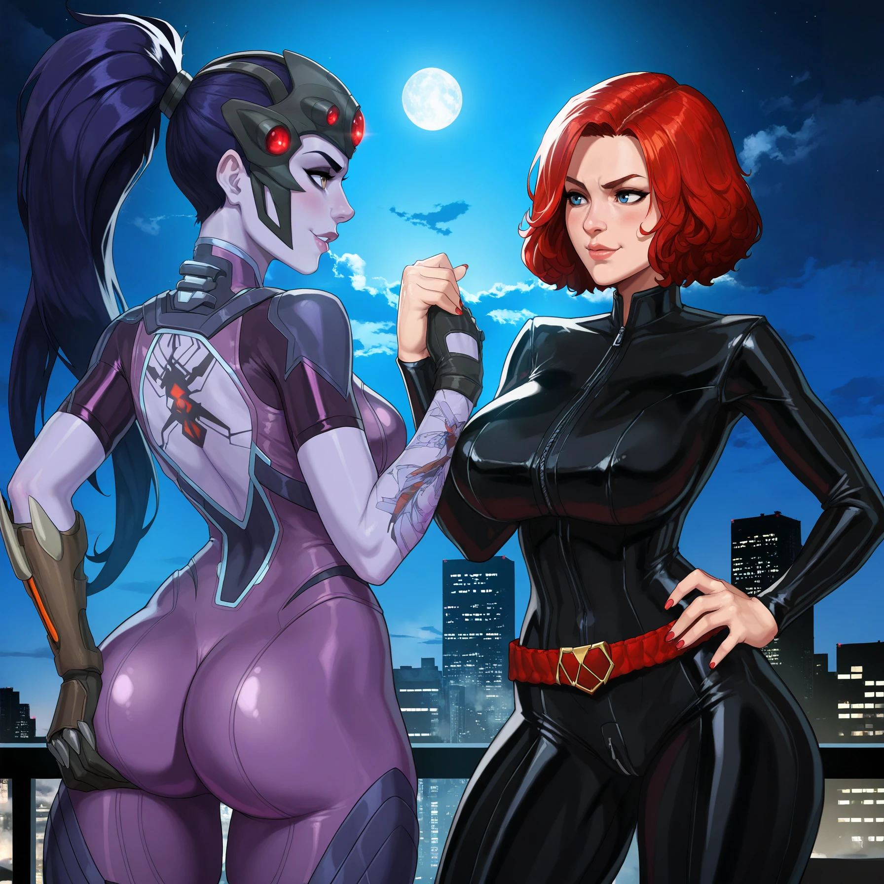 masterpiece, best quality, highres, absurdres, very awa, upper body, epic handshake \(meme\), <lora:Epic handshake meme Noobai V-pred_1:1>, (looking at another:1.2), eye contact, outdoors, cloud, starry sky, night, street, 2girls, emphasis lines, cowboy shot, wind, three quarter view, indoors, office, window, skyscraper, cityscape,justsomenoob, (aelion draws:0.8), (watanabe yasuaki:0.8), (ickpot:0.8), smirk, light smile,
natasha romanoff, black widow, blue eyes, red hair, short hair, flipped hair, mole, lips, black bodysuit, belt, marvel,avengers \(series\), huge breasts, thigh clothes,
widowmaker, purple skin, overwatch, high ponytail, blue hair, purple bodysuit, overwatch, purple lips, ass, hand on own ass, black gloves, thigh clothes, arm tattoo, single elbow glove, head-mounted display,