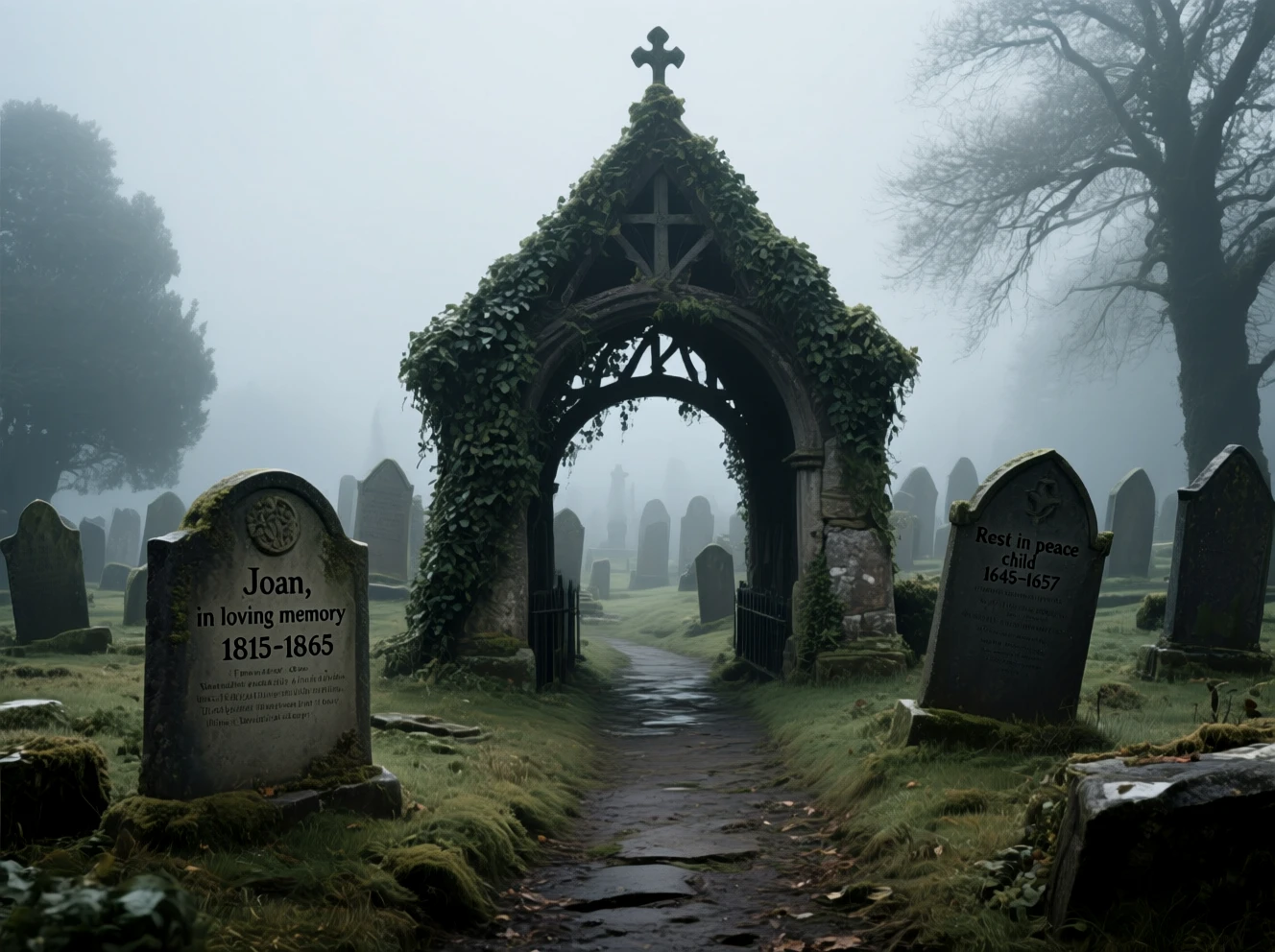 The old ivy-covered lychgate at the entrance to a graveyard filled with ancient tombstones.
A tombstone left of the path reads: Joan, in loving memory 1815-1865
A tombstone right of the path reads: Rest in peace child 1645-1657
Atmospheric, moody, misty.