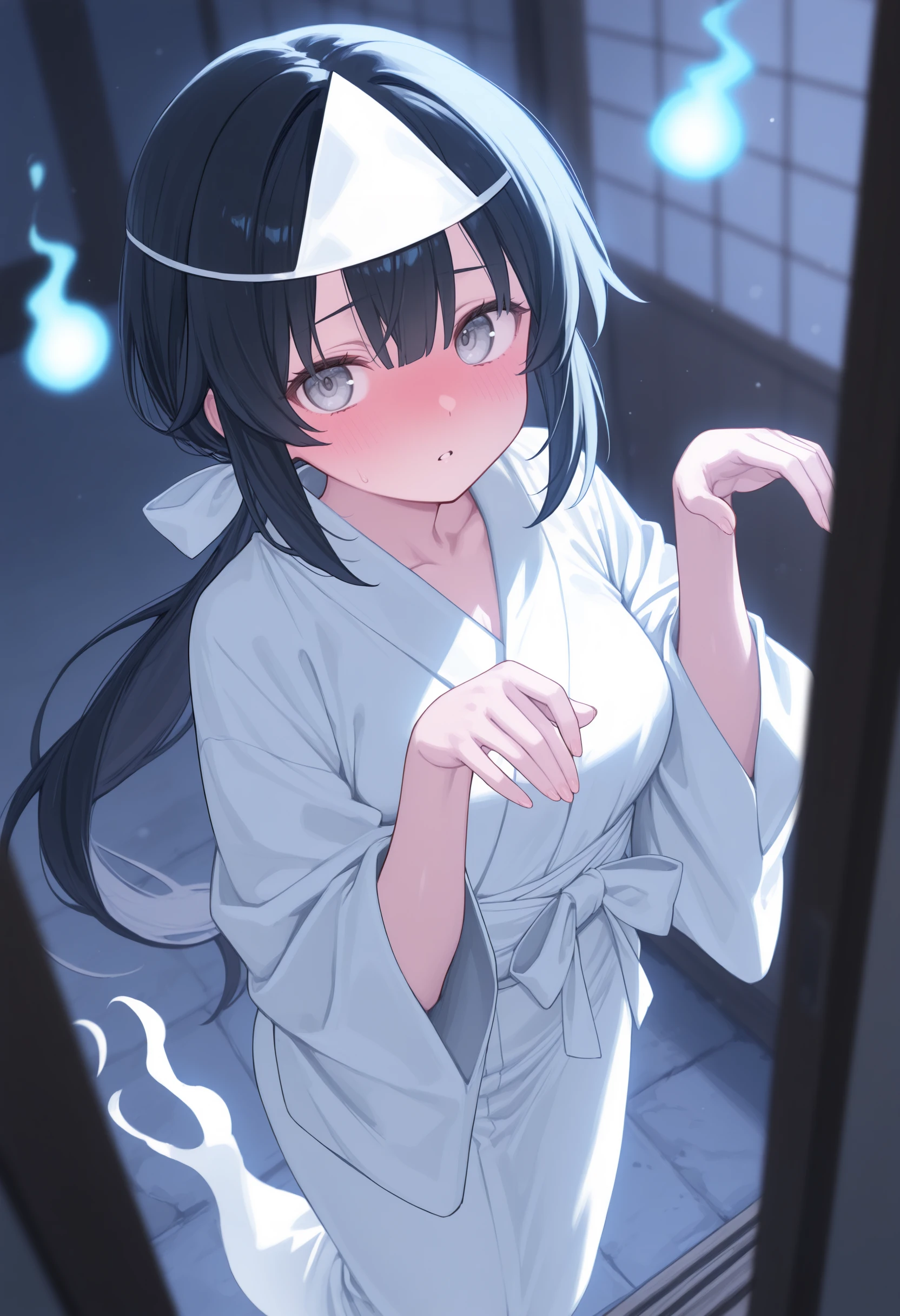 1girl,(sho \(sho lwlw\):0.7),(toosaka asagi:0.5),(sincos:0.3),solo,
masterpiece, best quality, newest, absurdres, CG, anime, source anime, illustration,
medium breasts,
triangular headpiece, shiroshouzoku, japanese clothes, ghost, ghost pose, ghost costume, hitodama, ghost tail, hands up,
blurry background, depth of field, blurry foreground, dark background, night,<lora:triangularheadpiece_Illust_v1:0.8>
from above, wide shot, looking back, black hair, gray eyes,full-face blush, stair landing, parted lips, low ponytail hair,