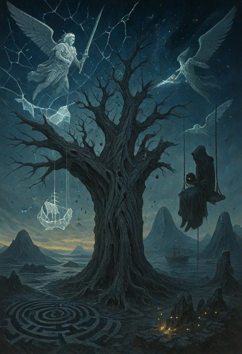 A monumental petrified tree, its branches reaching into the void, bears a city of glass and whispers, slowly shedding leaves of solidified time. The heavens are a shattered mirror, reflecting both the searing gaze of a cosmic forge and the tranquil expanse of a silent star-dusted ocean. Beneath, a sprawling labyrinth carved into the heart of a dormant volcano slowly dissolves into a river of crystallized echoes where spectral ships sail on currents of forgotten dreams and inverted mountains pierce the gloom. Colossal winged statues of forgotten heroes soar through the air, their gazes fixed on unseen horizons, while spectral chariots drawn by phantom steeds traverse the celestial pathways. A silent guardian forged from solidified starlight battles a monstrous entity born from the collective unconscious, its form a shifting tapestry of unspoken fears and forgotten desires. Islands of petrified thought crumble, releasing flocks of spectral ravens that transform into shimmering glyphs mid-flight. A lone wanderer cloaked in the silence of ages sits on a swing woven from strands of destiny, holding a sphere of condensed oblivion, as the very fabric of existence unravels around them like a discarded tapestry.