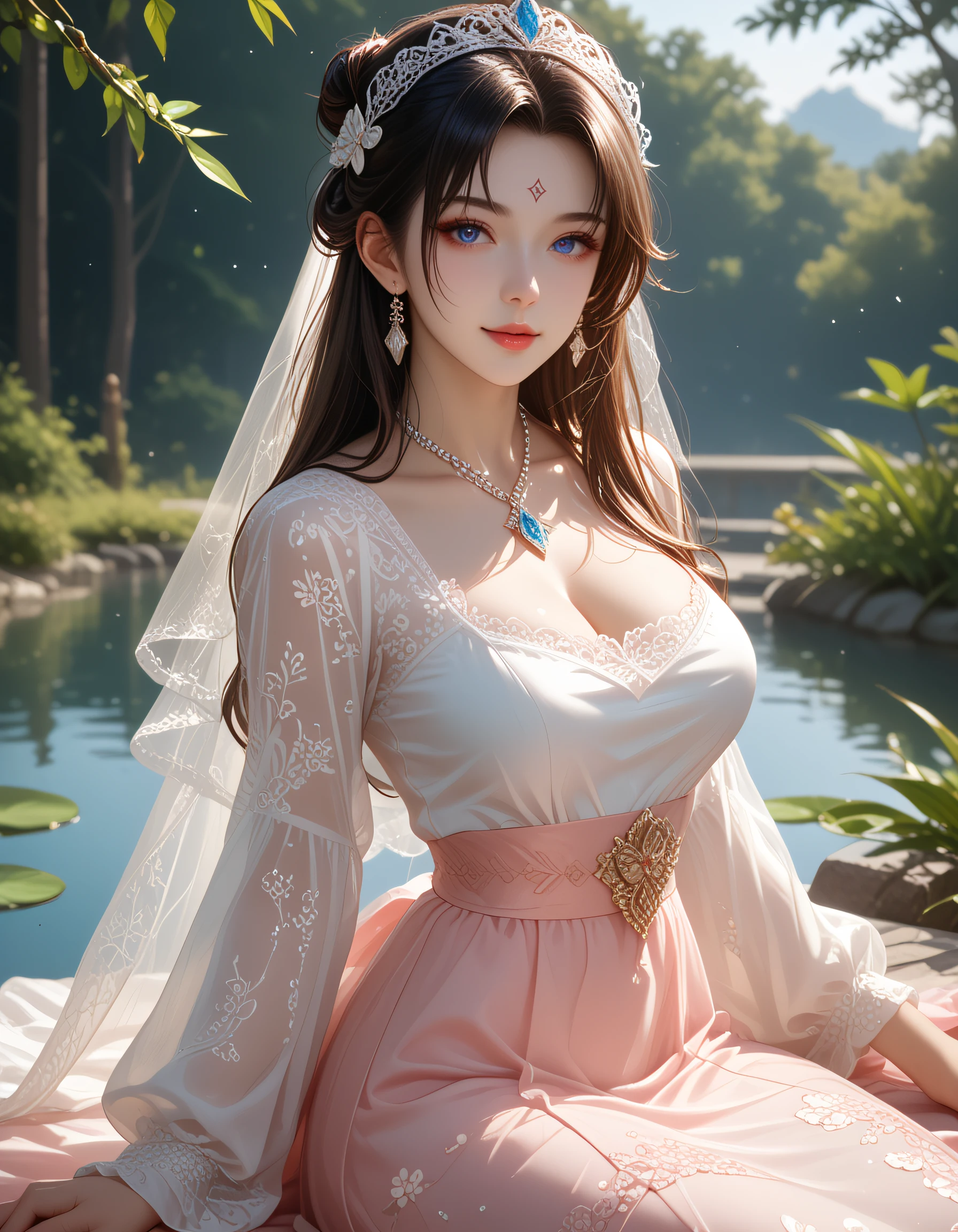 zPDXL3, safe_pos, score_9, score_8_up, source_realistic, source_anime,
8k, best quality, ultra high res, sharp focus,
masterpiece, expressive, digital art, cinematic,
intricate details, extremely detailed, Unreal Engine,
cinematic light, photo studio lighting,
dramatic angle, dynamic camera angle, unique perspective, unique angle, wide angle, dutch angle, foreshortening,
establishing shot, graceful stretching angle,
Diffuse lighting, (sfw:1.3),
Agfa APX 400, Ektar 100, Flash Photography,
1girl, , hanfu, seductive smile, large breasts,
, ExpressiveH,
blurred eyes, innocent, lovely face,
big eyes, beautiful detailed eyes, very detailed eyes, detailed beautiful delicate face,
realistic humid skin, detailed skin,
sexy pose, sensual posture, graceful pose, curvy, scenery, perfect legs,
erotic posture, sexual intent, sensual, alluring, voluptuous,
dynamic pose, more detail,
blurry background,
beautiful iris girl with sword-like leaves, rainbow colors, and regal posture xianxia maiden, cherry red dominant color dress with radiant cut with rectangular brilliant fire and silken soft peach pink secondary tones, pond scum with algae texture surface texture,
wearing elegant layered qipao with multiple fabrics with seamed collar with construction lines collar and ornate long sleeve silk top with plum blossom patterns over layered extra long sleeves trailing on ground sleeves,
lotus transparent gauze overskirt with godet skirt with triangular inserts and divine thin cotton waist tie with floral details belt, celestial white lotus petal shoes footwear,
facial features: casual relaxation with laid-back attitude expression, tiger stripe brows with bold markings eyebrows, thin eyeliner with lotus petal shadow eye makeup, ornamented red huadian flower mark forehead markings,
hair styling: translucent long hair tied with silk sash and morning dew curls with soft ringlets hairstyles,
accessories: moonlit jade beaded headdress with holy details hair ornaments, patterned emerald necklace jewelry, whisper-thin face veil with phoenix patterns and muyu wooden fish percussion additional accessories,
pose: provocative mountain peak pose with dramatic landscape and feeling experiencing with emotional depth in samsara wheel with cyclic patterns environment with divine misty bamboo forest background,
atmosphere: panda contentment eating bamboo seasonal elements, seasonal lighting with changing angles lighting effects,
detailed, intricate, elegant, graceful, mystical, ethereal