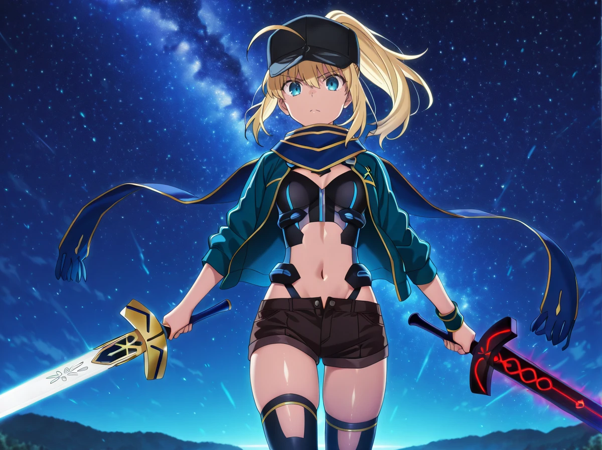 masterpiece, best quality, amazing quality, very aesthetic, absurdres, newest, (anime screenshot:1), (anime coloring,:1) master piece, best quality, shiny skin, absurdres, <lora:HeroineXillust:1>1girl, hat, blonde hair, solo, ahoge, shorts,, heroxstage3, baseball cap,thighhighs, ponytail, blue eyes open_jacket navel stomach armor fighting stance, looking at viewer, scarf holding sword, excalibur \(fate/stay night\), dual wielding, excalibur morgan \(fate\), starry sky, <lora:saimin.il:0.4> saimin
