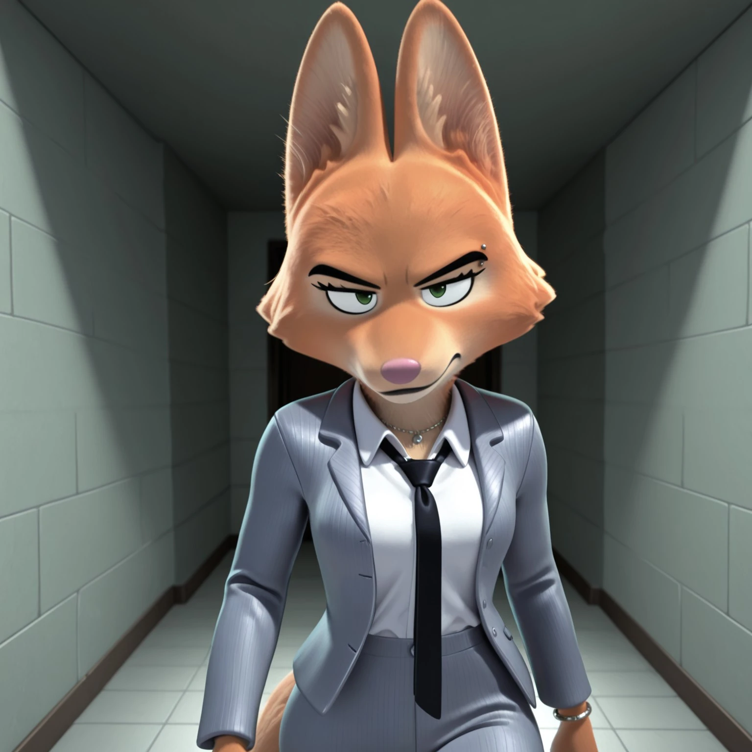 8k, masterpiece, best quality, highly detailed, 1girl, solo, DianeTBGV2, female furry, anthro, fox, cheek tuft, black eyebrows, green eyes, pink nose, black lips, orange body, orange fur, tan body, tan fur, two tone body, two tone fur, fox tail, eyebrow piercing, grey business suit, white dress shirt, black tie, shirt tucked in, grey pants, grey bottomwear, necklace, bracelet, upper body, 4 fingers, walking, closed mouth, looking at viewer, indoors, detailed background, face focus, front view, walking, serious look, narrowed eyes, cell block, big area