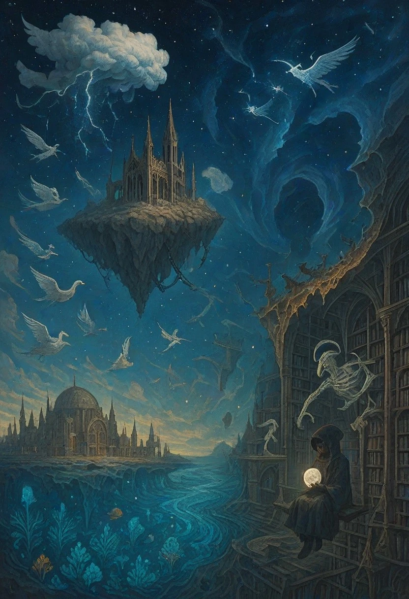 A colossal floating island made of petrified clouds and forgotten dreams drifts through a sky of shimmering silence, dragging a crumbling gothic cathedral on chains of solidified starlight. The heavens are a fractured mirror, with one half ablaze in the silent fury of a cosmic birth and the other half frozen in a nebula-filled void of ancient whispers. Beneath, a sprawling metropolis built on the back of a sleeping volcanic titan slowly dissolves into a spiraling ocean of liquid time filled with bioluminescent flora and inverted mountains of pure thought. Giant feathered fish swim through the air like silent prophecies, while ethereal dancers ride mechanical swans above. A bard made of solidified melodies battles a colossal multi-limbed entity emerging from a library constructed entirely of whispering bones and forgotten lore. Floating continents crack apart, releasing flocks of spectral birds that morph into living constellations mid-flight. A child in a cloak of woven shadows sits calmly on a swing hanging from nothing, holding a sphere of condensed moonlight, as a rift in reality unfurls behind them exhaling echoes of impossible futures.